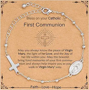 Catholic Virgin Mary Cross Bracelet Gifts for Girls Teens Women, Rosary Beads Charm Link Chain Bracelet Christmas Christian Religious Jewelry Gifts