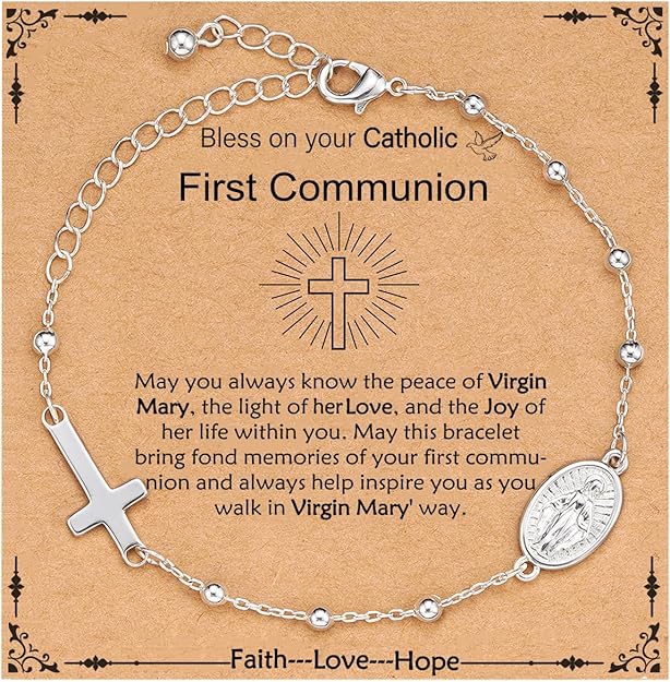 Catholic Virgin Mary Cross Bracelet Gifts for Girls Teens Women, Rosary Beads Charm Link Chain Bracelet Christmas Christian Religious Jewelry Gifts