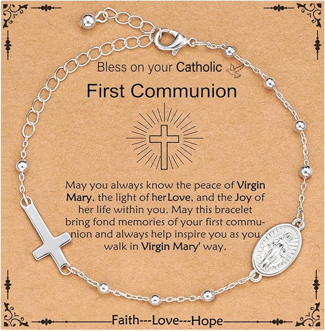 Catholic Virgin Mary Cross Bracelet Gifts for Girls Teens Women, Rosary Beads Charm Link Chain Bracelet Christmas Christian Religious Jewelry Gifts