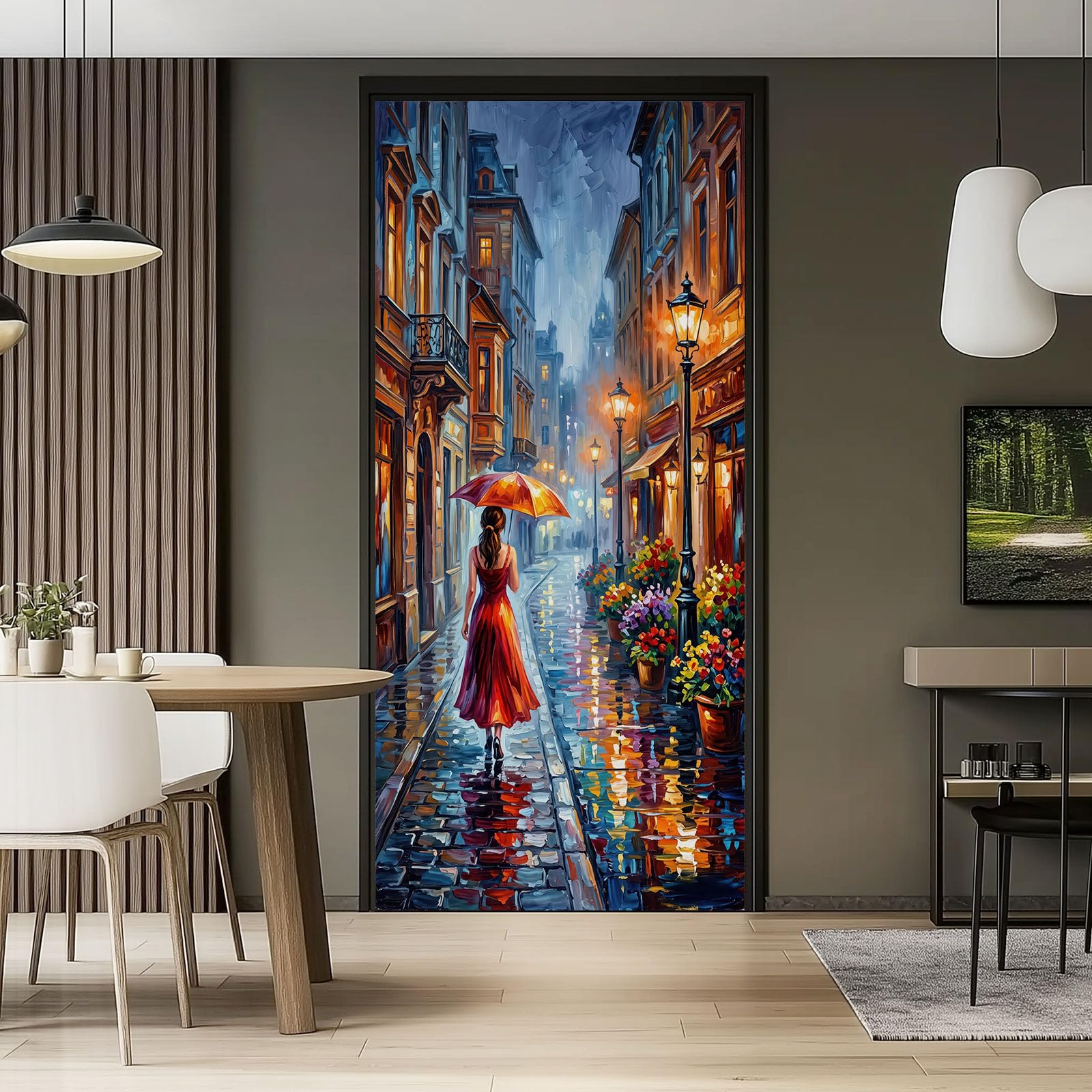 Szary obraz olejny, folia na drzwi, plakat 90 x 200 cm – wodoszczelna, zdejmowana naklejka na drzwi z PCW, ulica miejska, wzór kobiety, samoprzylepna, naklejka ścienna do łazienki, kuchni, dekoracja