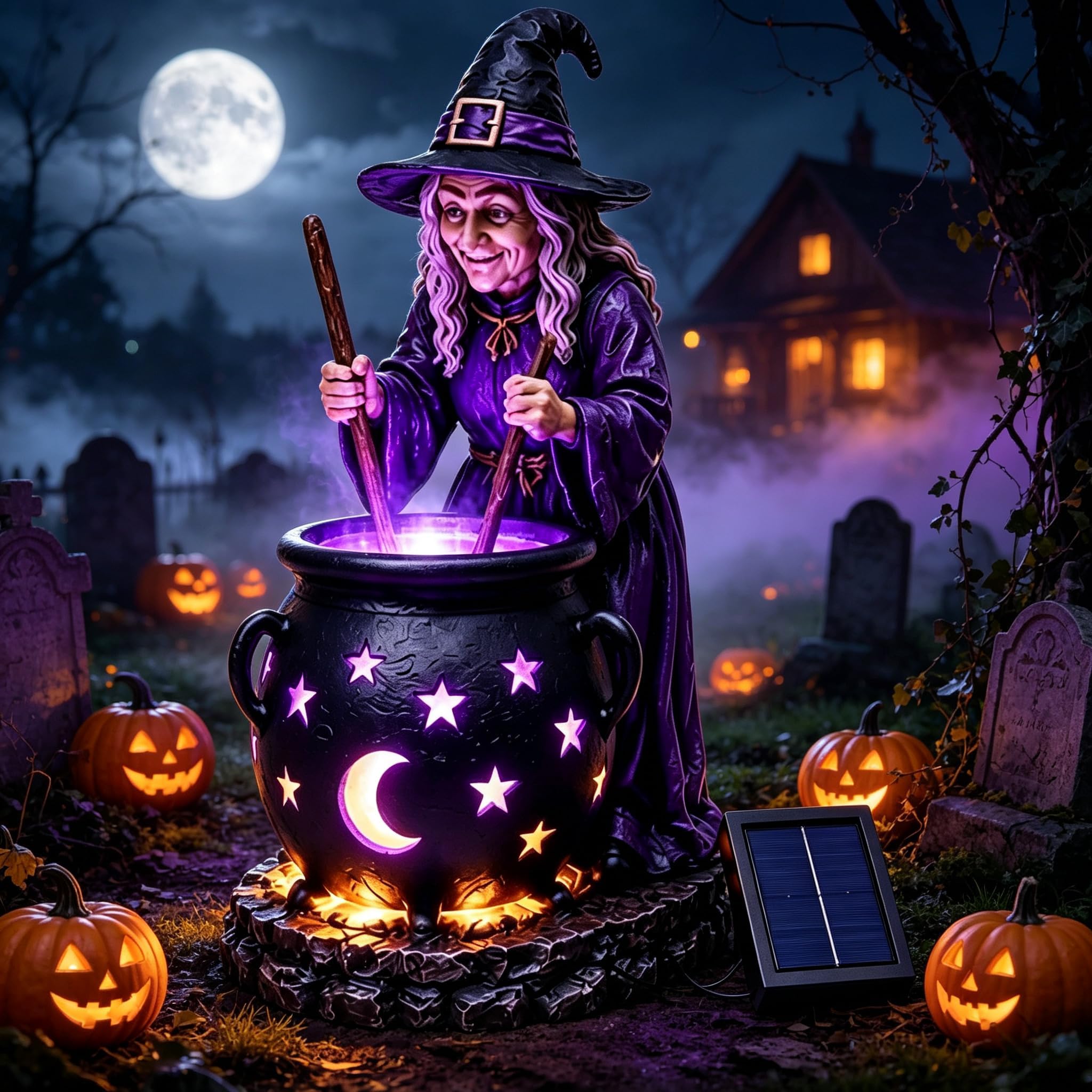 Solar Witch Glowing Cauldron Halloween Garden Light, Solar-Powered Witch Cauldron Stake Light with Auto Dusk Lighting, Weatherproof Halloween Decorations Outdoor for Garden Porch Pathway Lawn