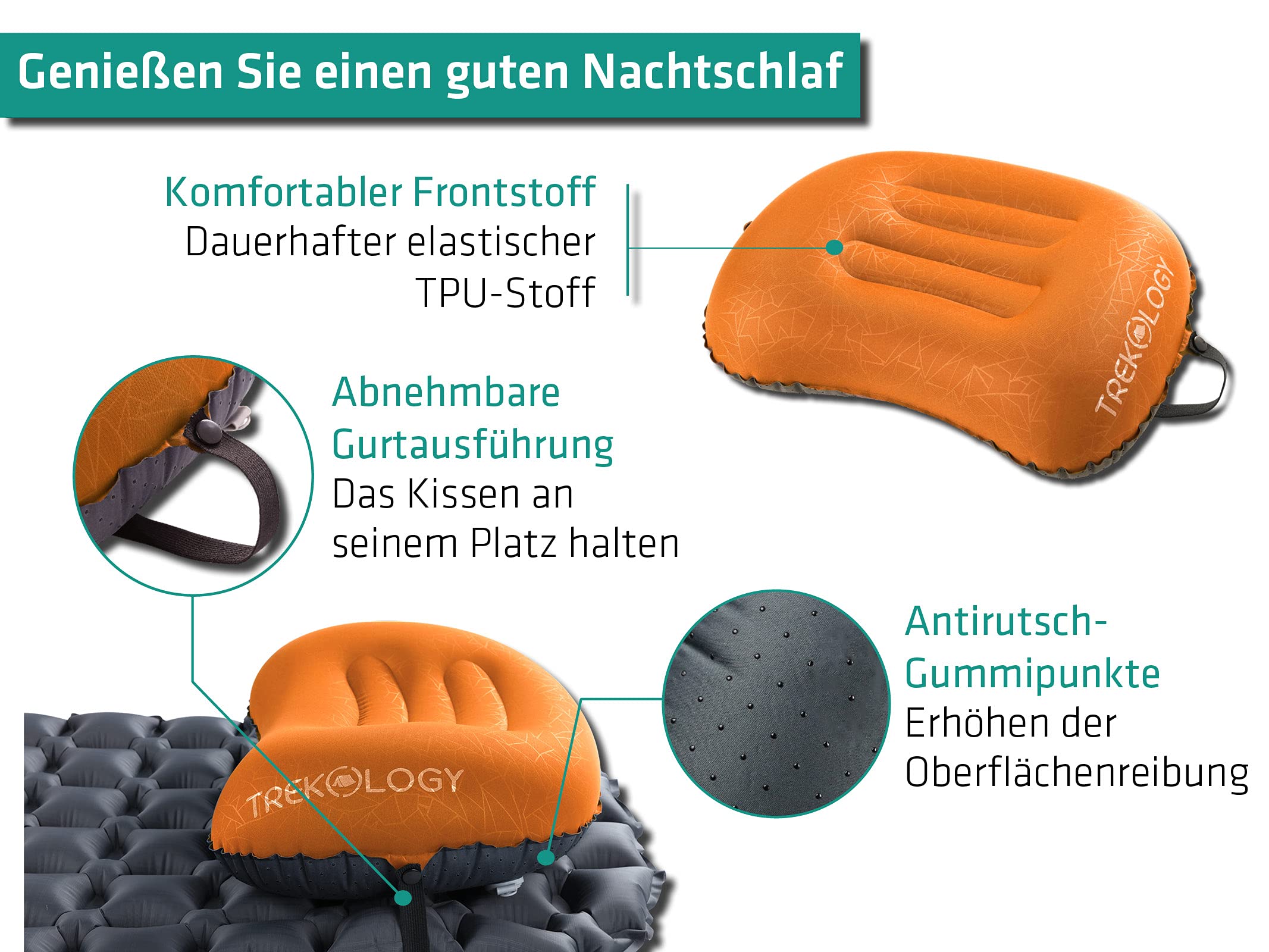 Trekology Camping Schlaf-Set – UL80 Aufblasbare Isomatte mit ALUFT2 Ultraleichtem Aufblasbarem Campingkissen (Orange) – Leichte Kompakte Rucksackmatratze und Reisekissen mit Nackenstütze für Wandern u