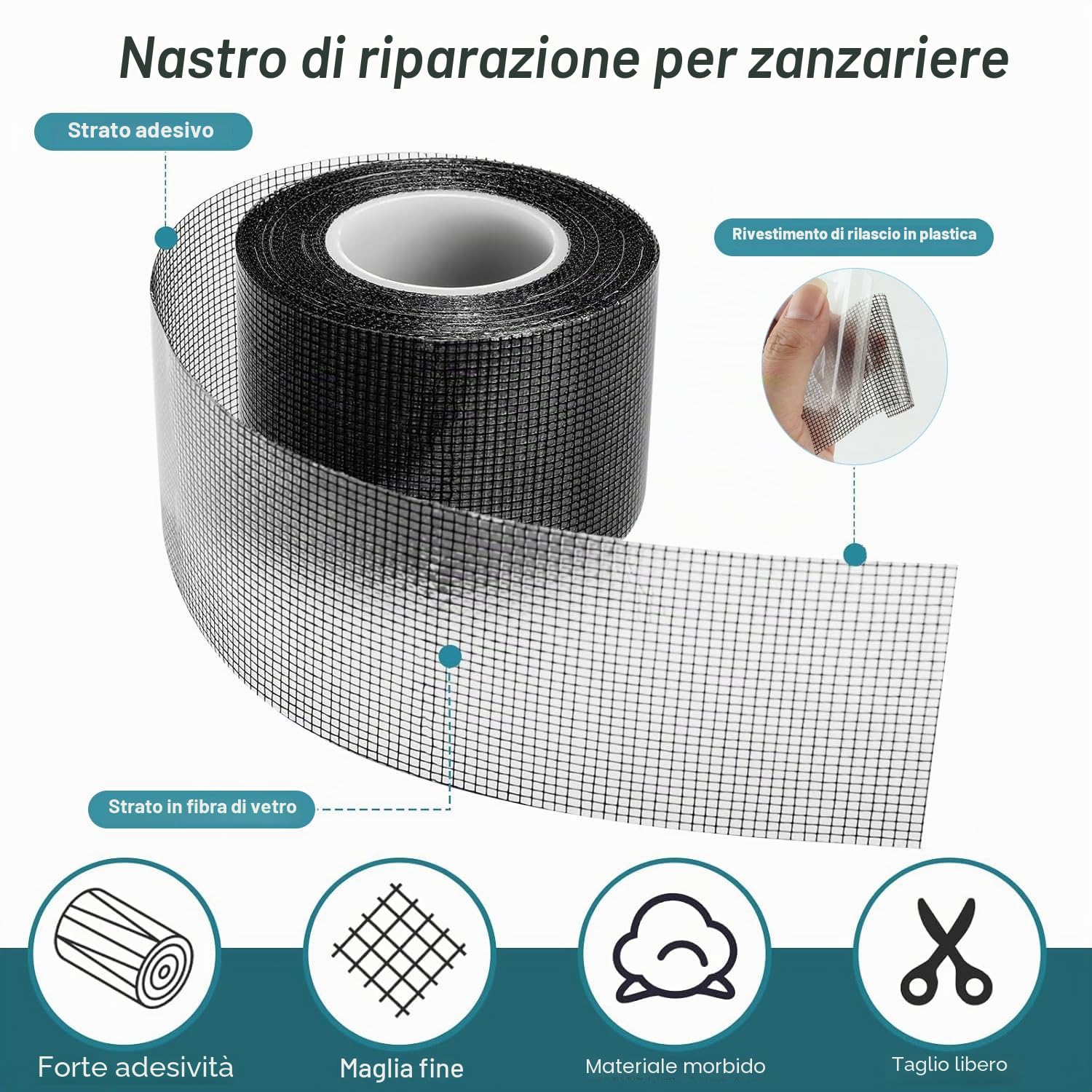 ACEBON Nastro Adesivo di Riparazione per Zanzariere (50 mm x 5 m) | Kit Riparazione per Zanzariere | Ripara Zanzariera | Nastro Ripara Zanzariere (Nero)