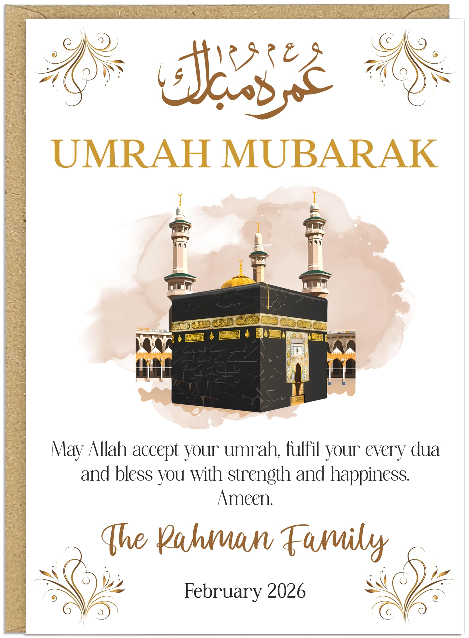 Umrah Mubarak Card Personalised Family Name & Date - Kaaba Mosque Designs - May Allah Accept Your Umrah Dua Strength Happiness - Muslim Celebration A5 Greeting Card (Design 8)