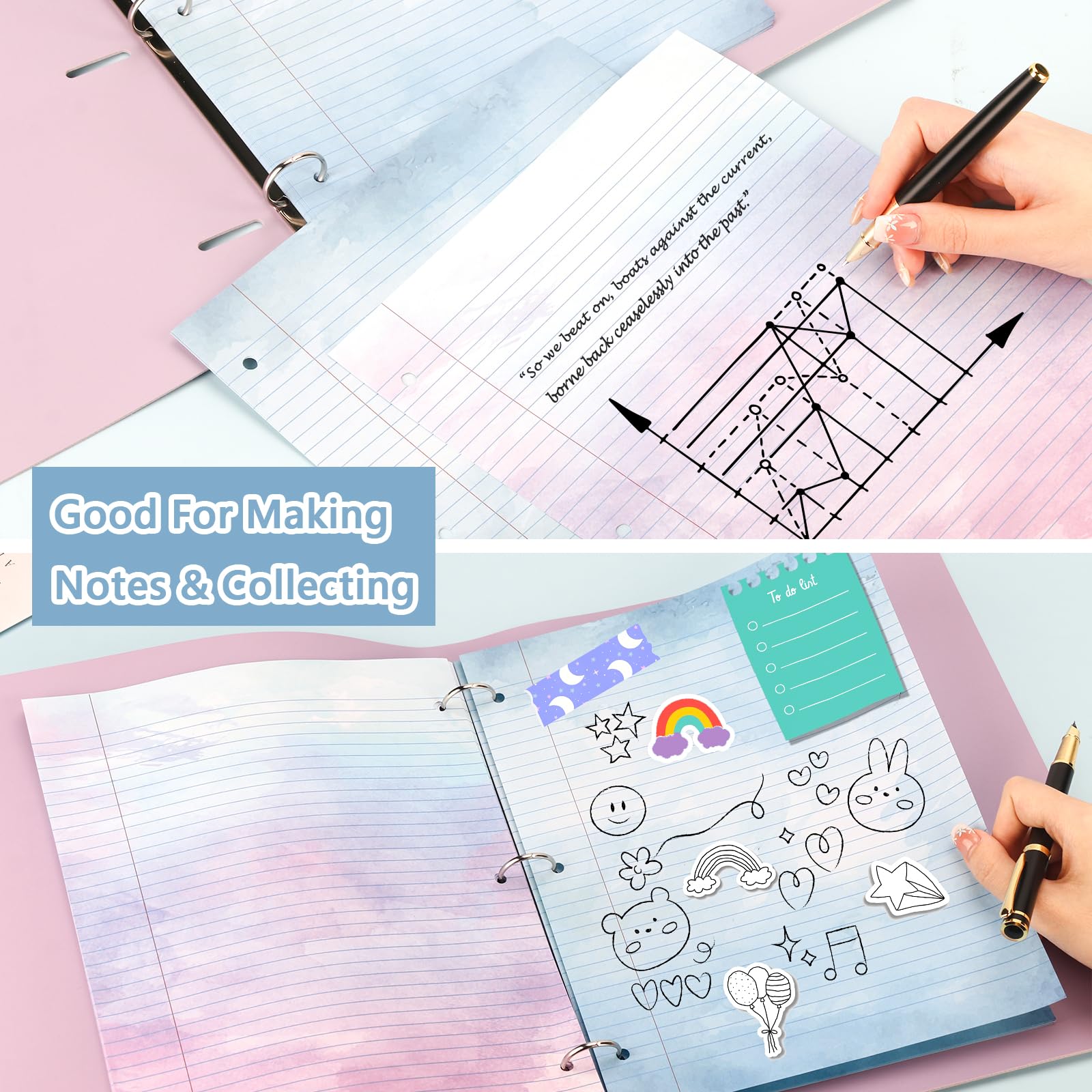 400 hojas de papel de hojas sueltas de color tamaño carta con rayas universitarias para carpeta de 3 anillas de 8.5 x 11 pulgadas, cuaderno de papel rayado de color con rayas universitarias, 3