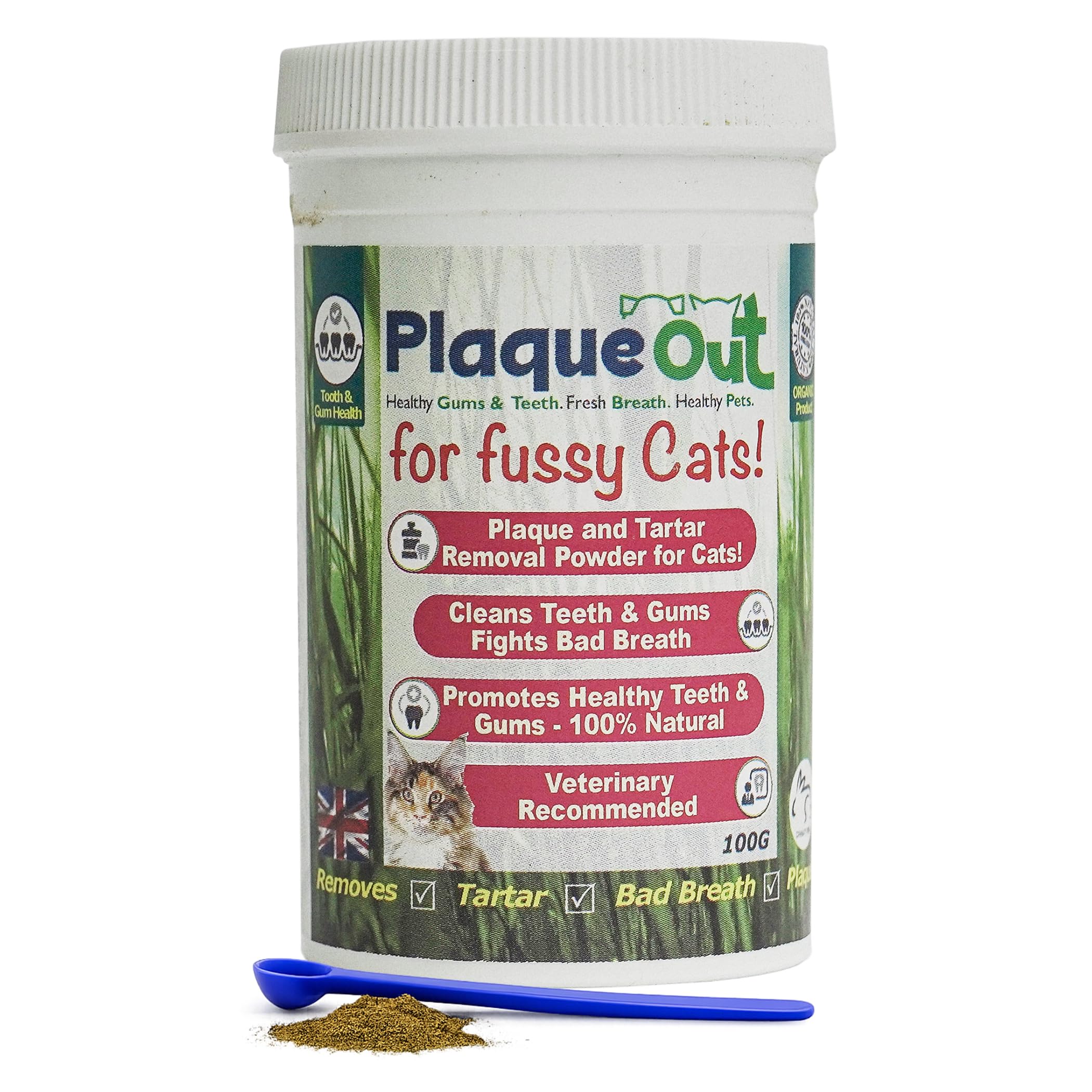for Fussy Cats 100g Pot - Plaque Off Remover - 100% Natural and Organic Seaweed Powder for Cats - Cat Teeth Cleaning, Cat Plaque Removal, Cat Dental Care, Bad Breath & Gum Care