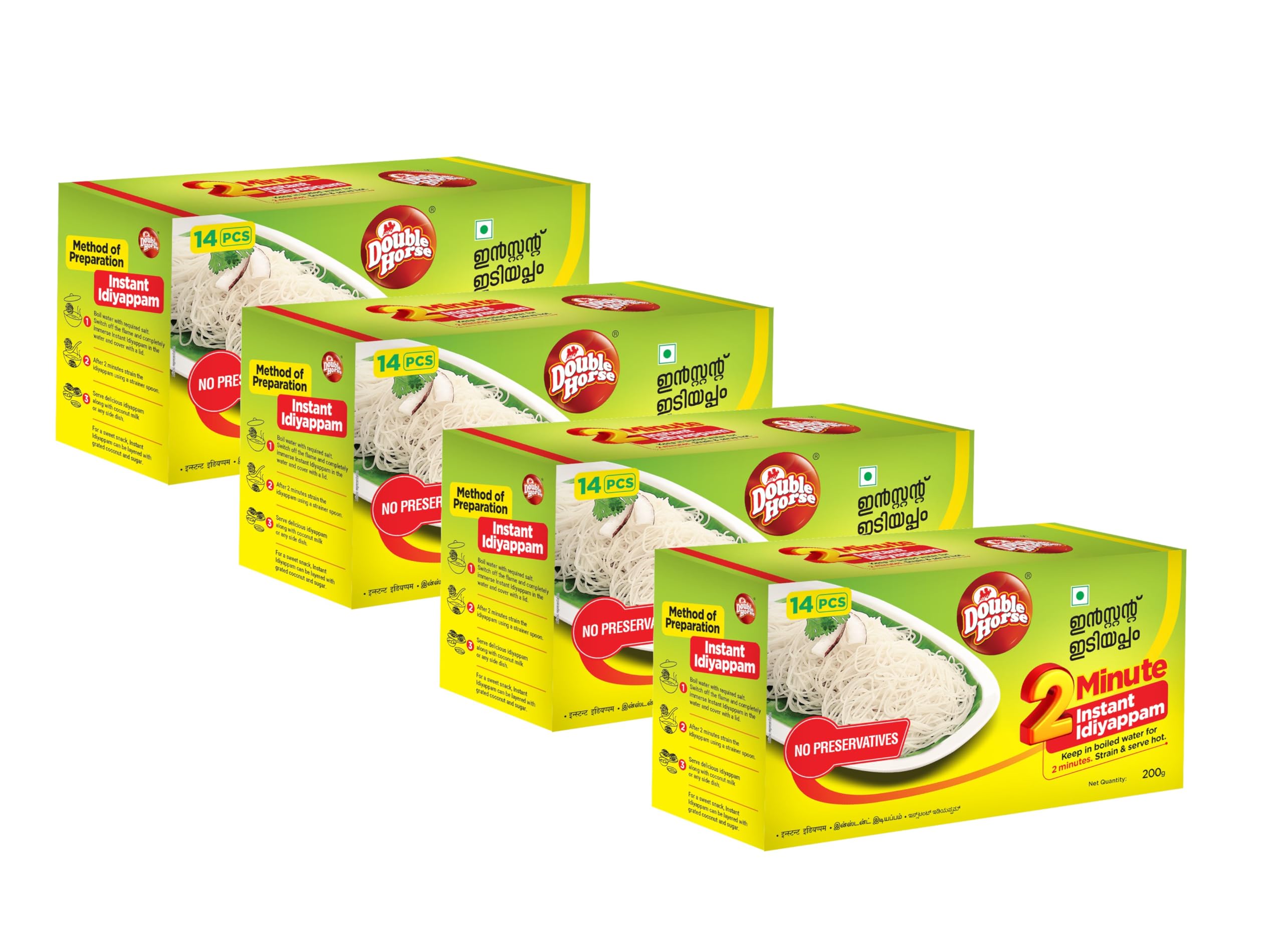 Double Horse Quick & Easy Instant White Idiyappam, 200 Gram X 4|Nool Puttu|String Hopper|Export Quality|2 Minute Magic Instant Breakfast|Pack Of 4