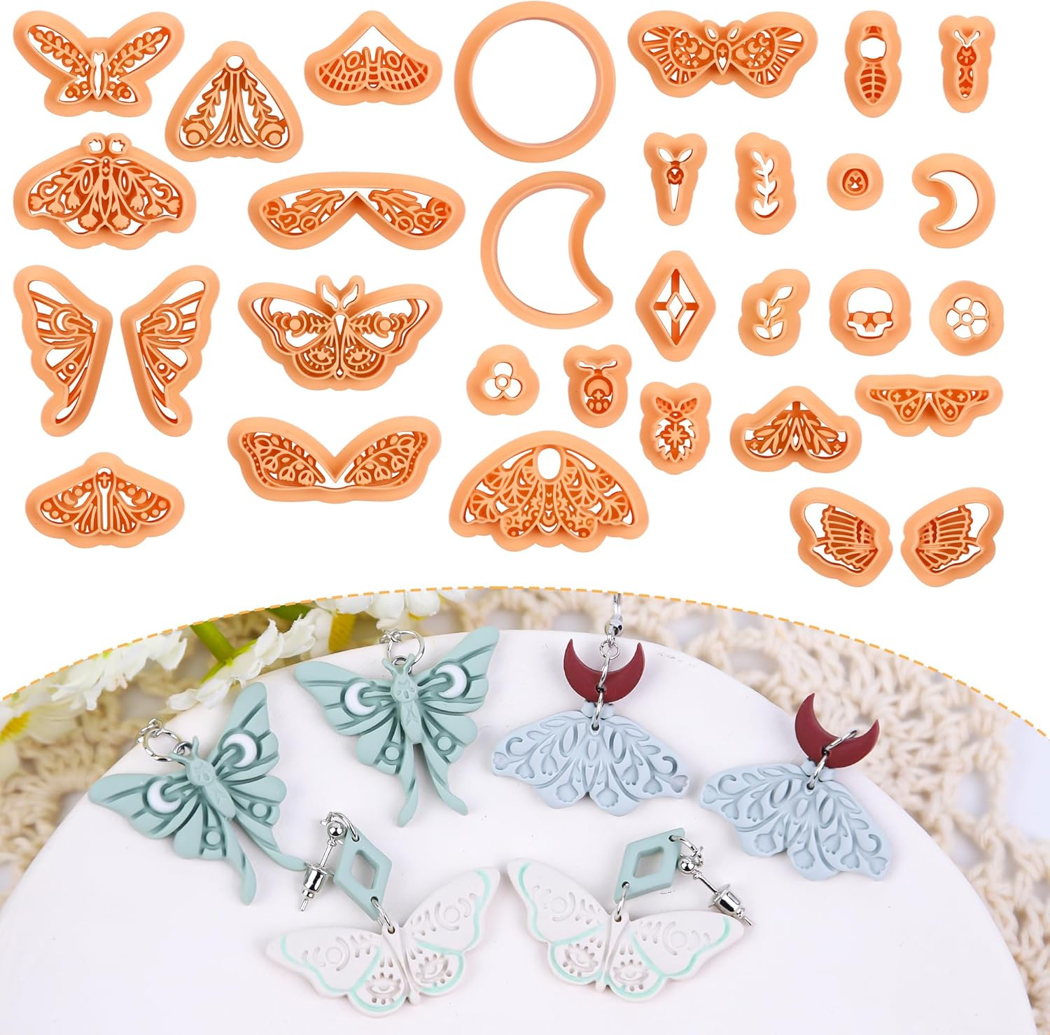 Puocaon Moth Polymer Clay Cutters - 31 Pcs Cutters for Earrings & Jewelry, Retro Butterfly & Luna Moth Designs