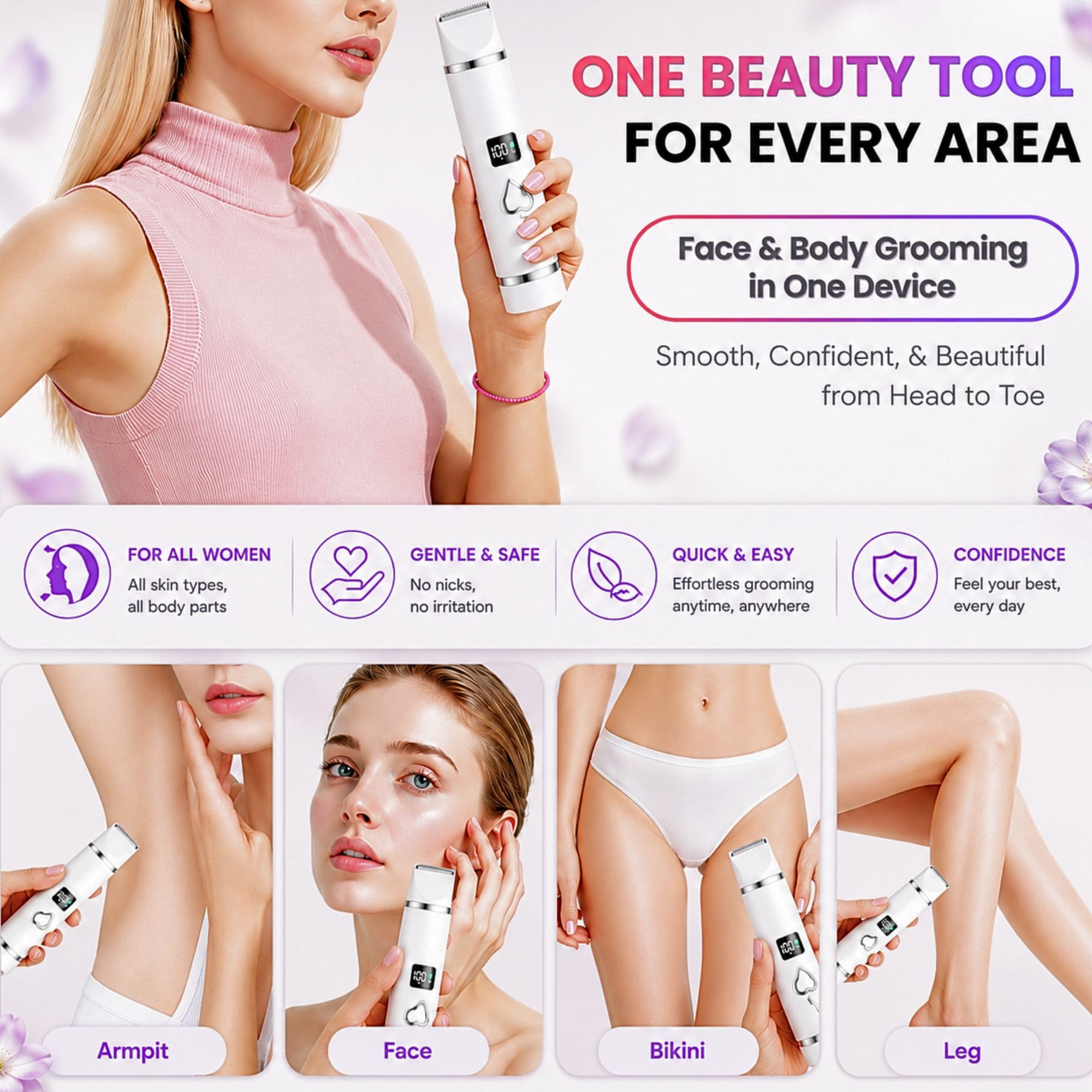 Maquinilla de afeitar eléctrica para mujer, recortadora de bikini y removedor de vello facial, recargable con hoja de cerámica, impermeable, pantalla LED, USB-C, bloqueo de viaje, regalo de