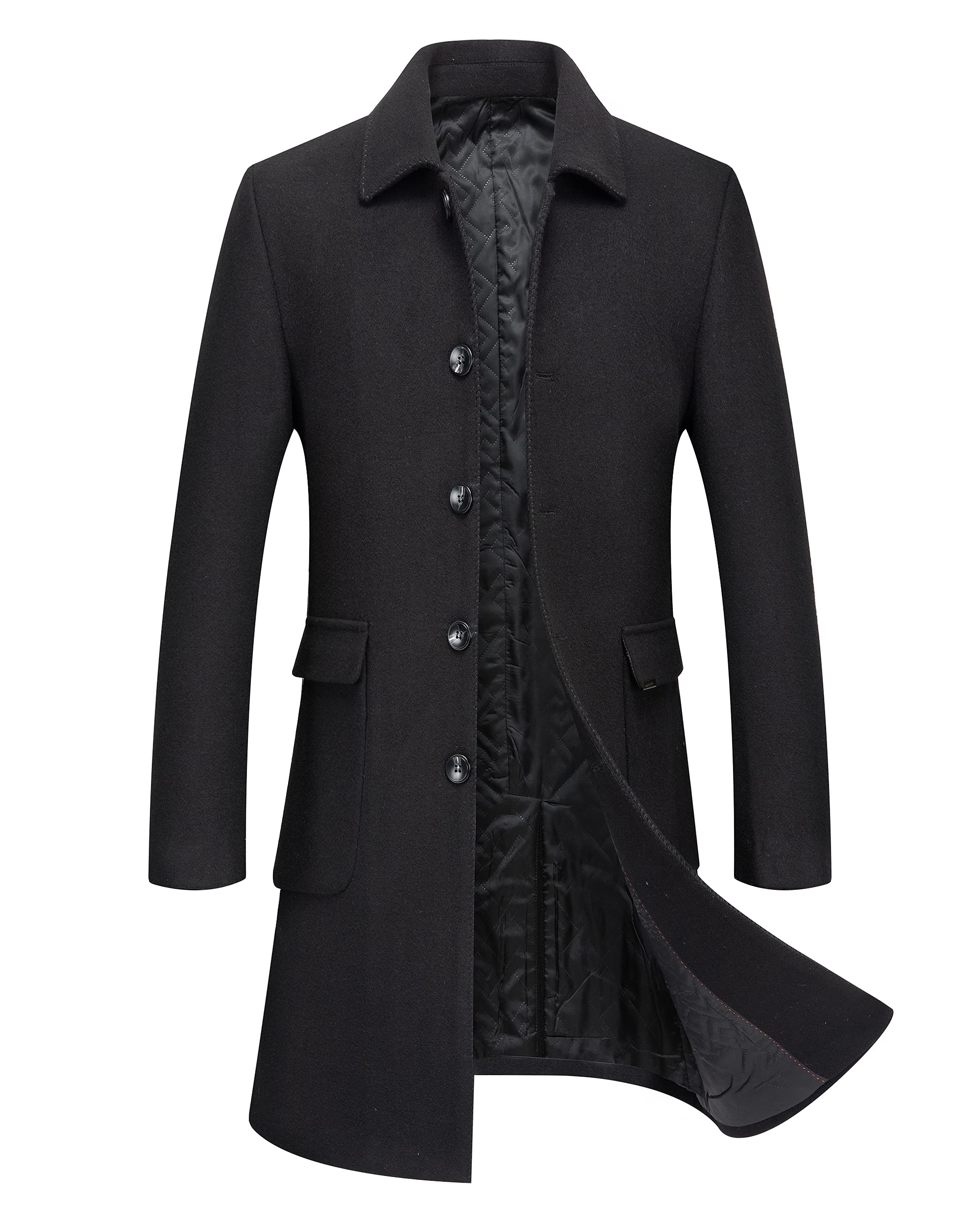 PRIJOUHE Men's Wool Coat Hoodie Long Trench Coat Cotton Casual Woollen Overcoat Jacket