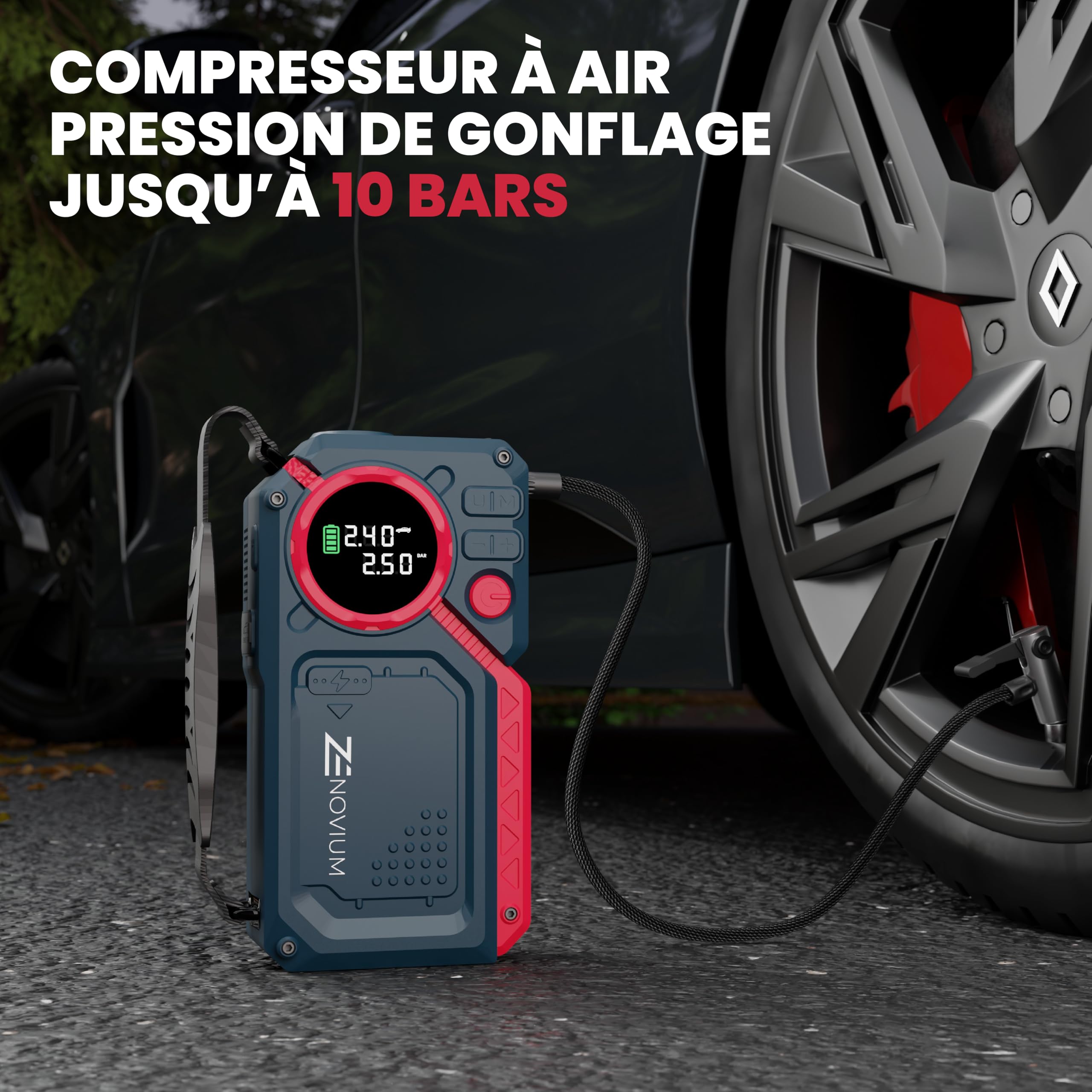 Arrancador de Coches 2500A con Compresor 150 PSI, Booster de Batería 12V, Jump Starter para Gasolina y Diésel hasta 8L, Power Bank 18000mAh, Luz LED 500 Lúmenes, Carga Rápida USB, Portátil