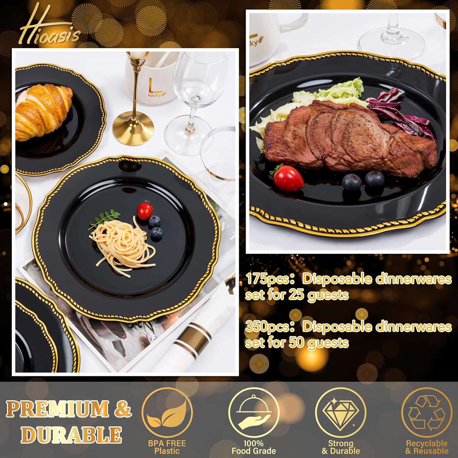 Hioasis 350pcs Black and gold Plastic Plates - Gold Plastic Dinnerware Set Includes 50 Dinner Plates, 50 Dessert Dinnerware, 50 Cups, 50 Rolled Napkin Cutlery Perfect for Wedding & Party - Image 6