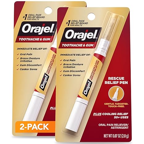 Orajel Rescue Relief Pen with Menthol Cooling Gel for Instant Pain Relief of Tooth & Gum, Mouth Sores, Braces and Denture Irritation, Touch-Free Silicone Applicator, 0.07 oz (2-Pack)
