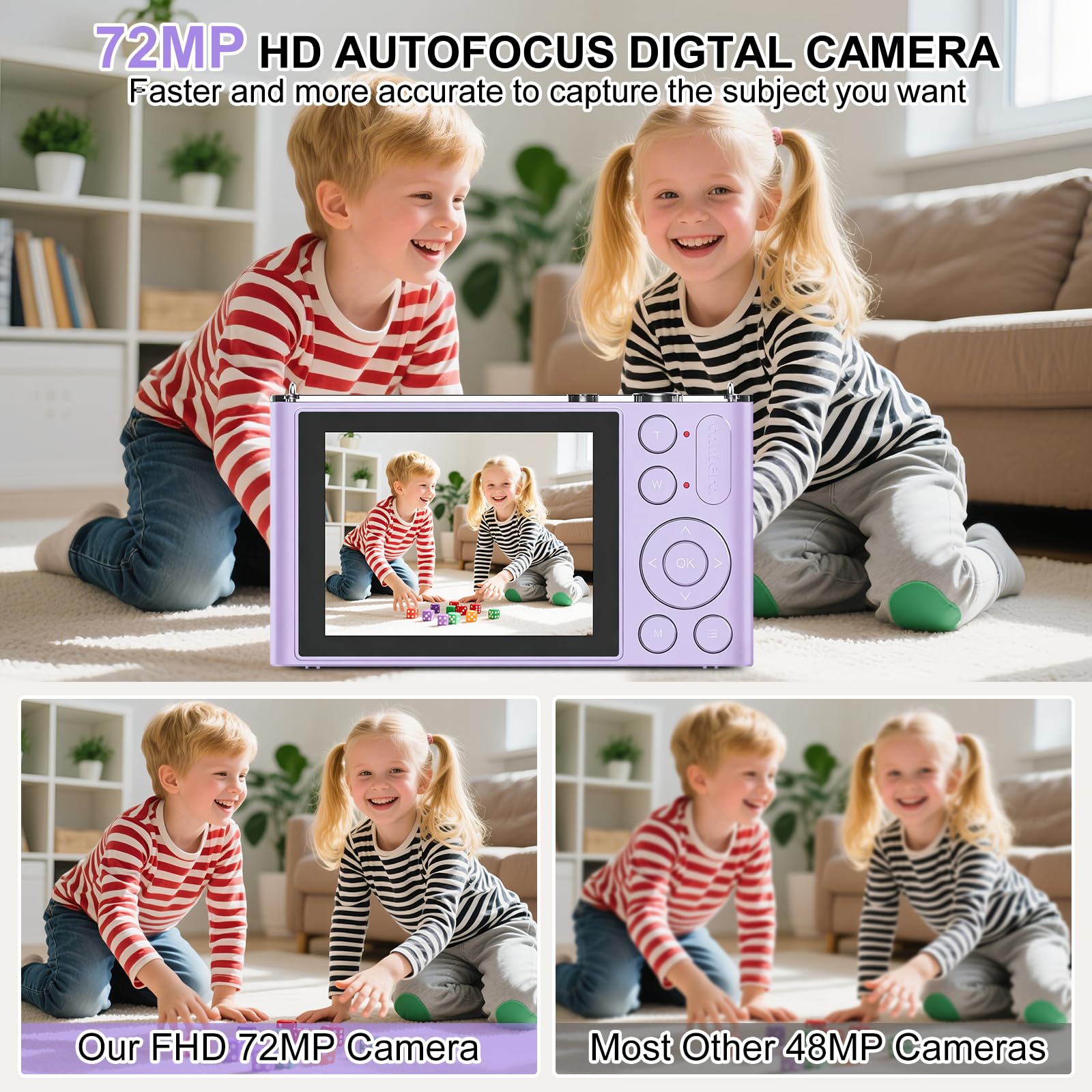 Fotocamera digitale per fotografia, fotocamera 4K 72MP Vlogging, fotocamera digitale con messa a fuoco automatica per adolescenti, adulti, principianti, zoom 16x, scheda da 32 GB, viola