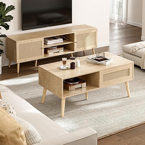 Miniatura 3 de Mesa de café de madera con almacenamiento, mesa de comedor bohemia con panel de puerta deslizante de ratán y patas de madera maciza, mesas de café