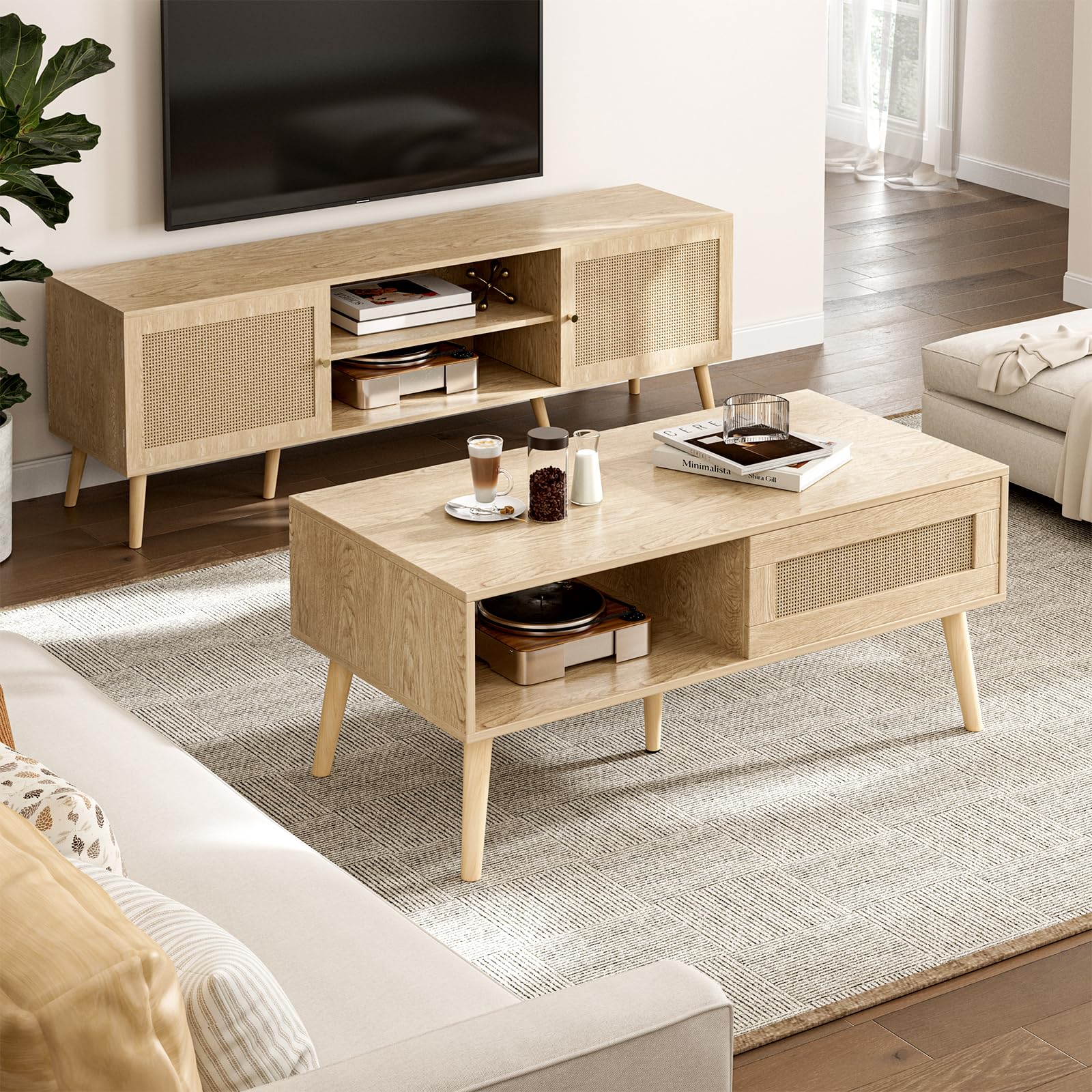 Mesa de centro de madera con almacenamiento, mesa de comedor bohemia con panel de puerta corrediza de ratán y patas de madera maciza, mesas de centro pequeñas para sala de estar, roble 3