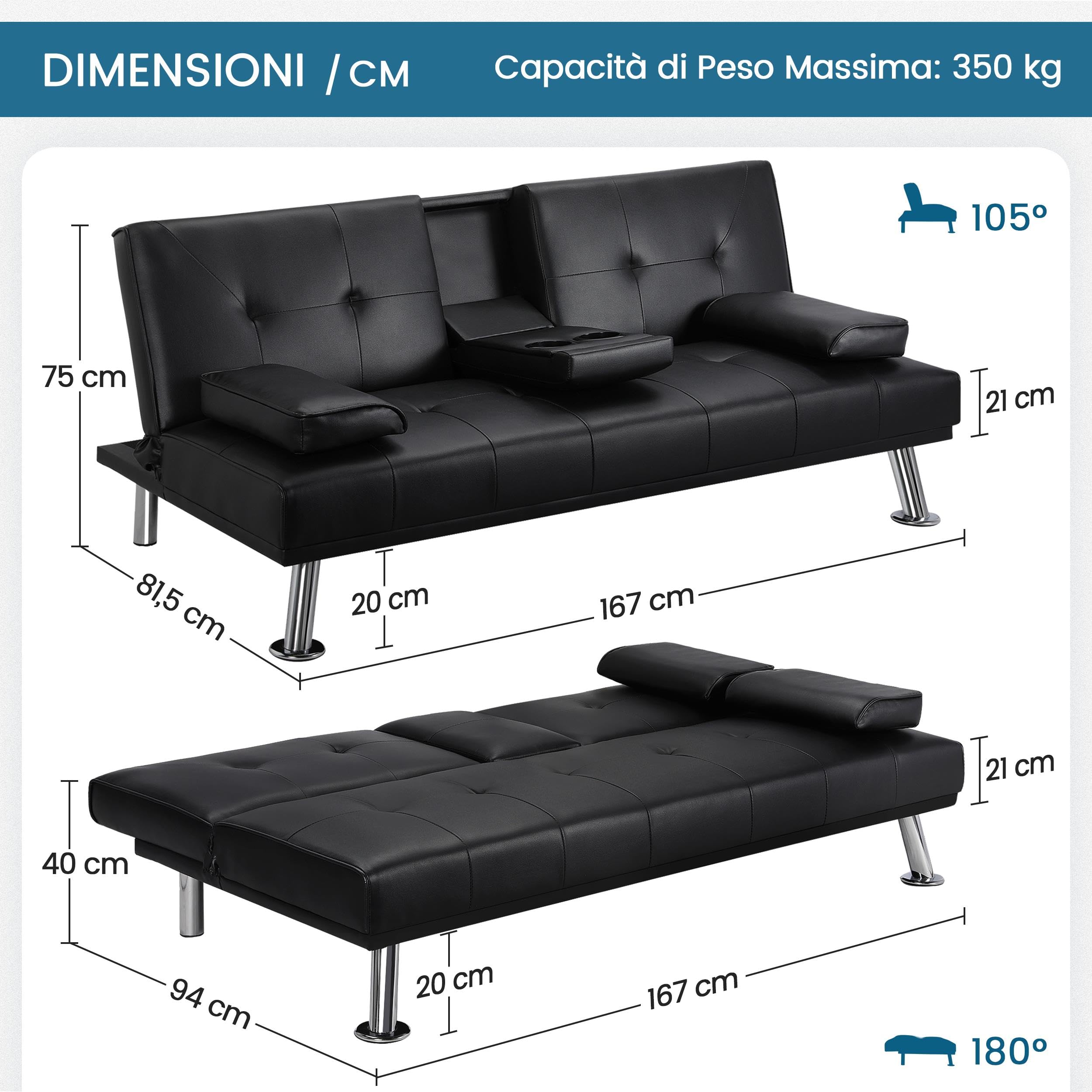 Yaheetech Divano Letto con 2 Cuscini Mobile in Ecopelle Divano Convertibile in Letto Arredamento Pieghevole 3 in 1 con Supporto Centrale Porta Bicchieri 167 × 81,5 × 75 cm da Soggiorno Nero