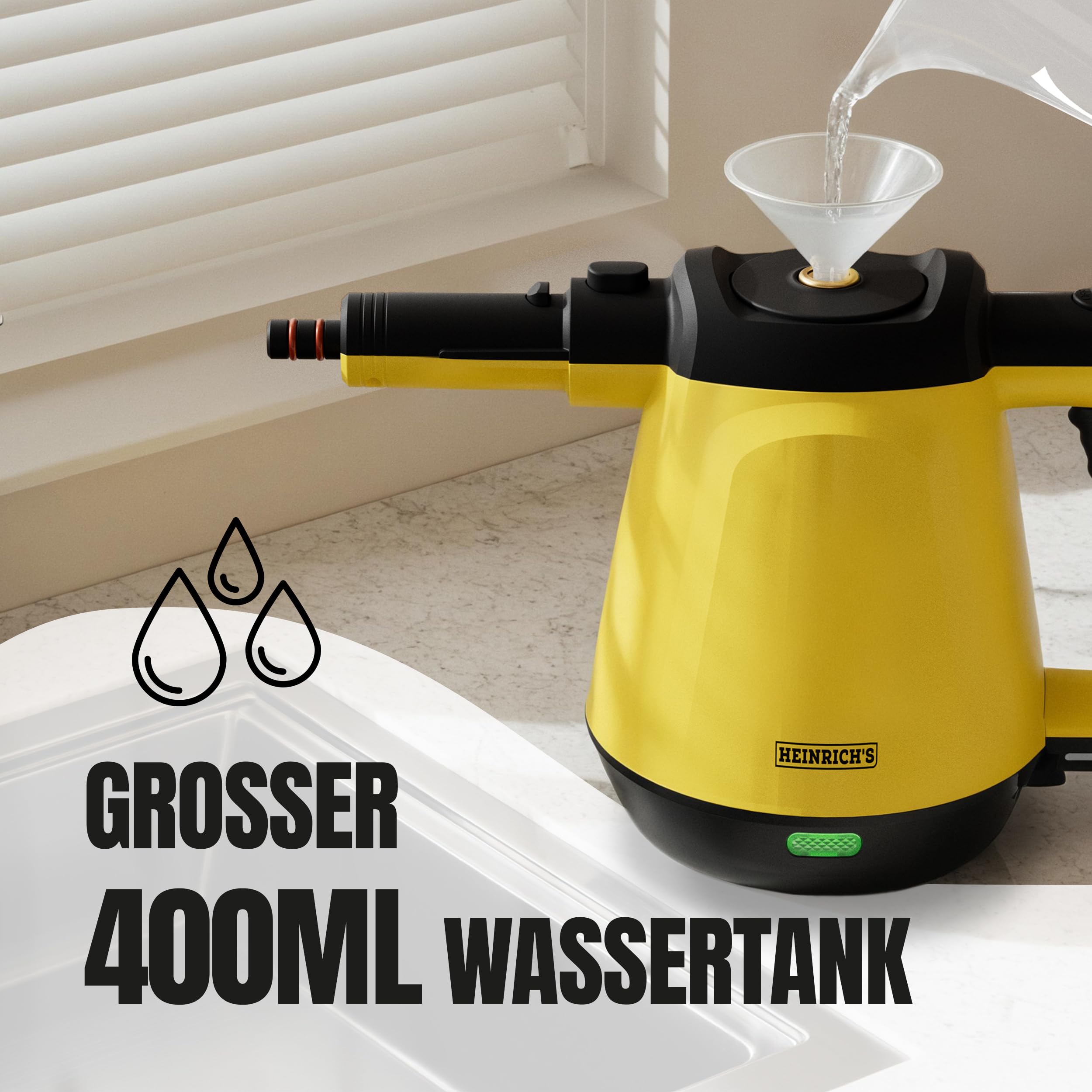 HEINRICHS Dampfreiniger, Handdampfreiniger für zuhause, Steam Cleaner, kurze Aufheizzeit 5 min., 400ml Wassertank, 3,5 Bar Dampfdruck, 5m Kabel, für Auto, Küche, Bad, Polster, Boden, Fenster, 1200W