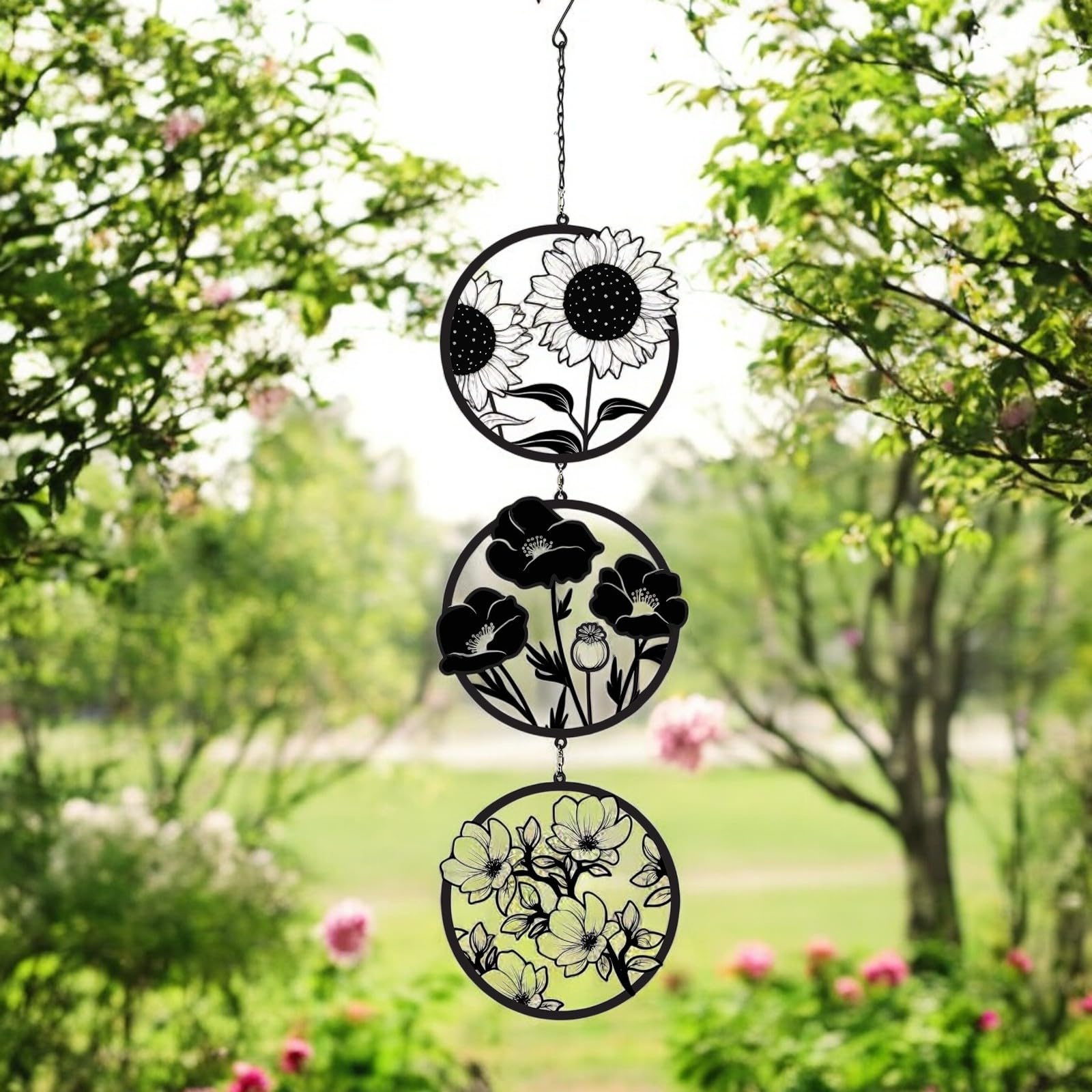 Epsom Door Handle Black Floral Silhouette Hanging Trio Spinner 60Cm X 15Cm Metal Kinetic Wind Spinner For Garden Home Outdoor Hanging Floral Ornament