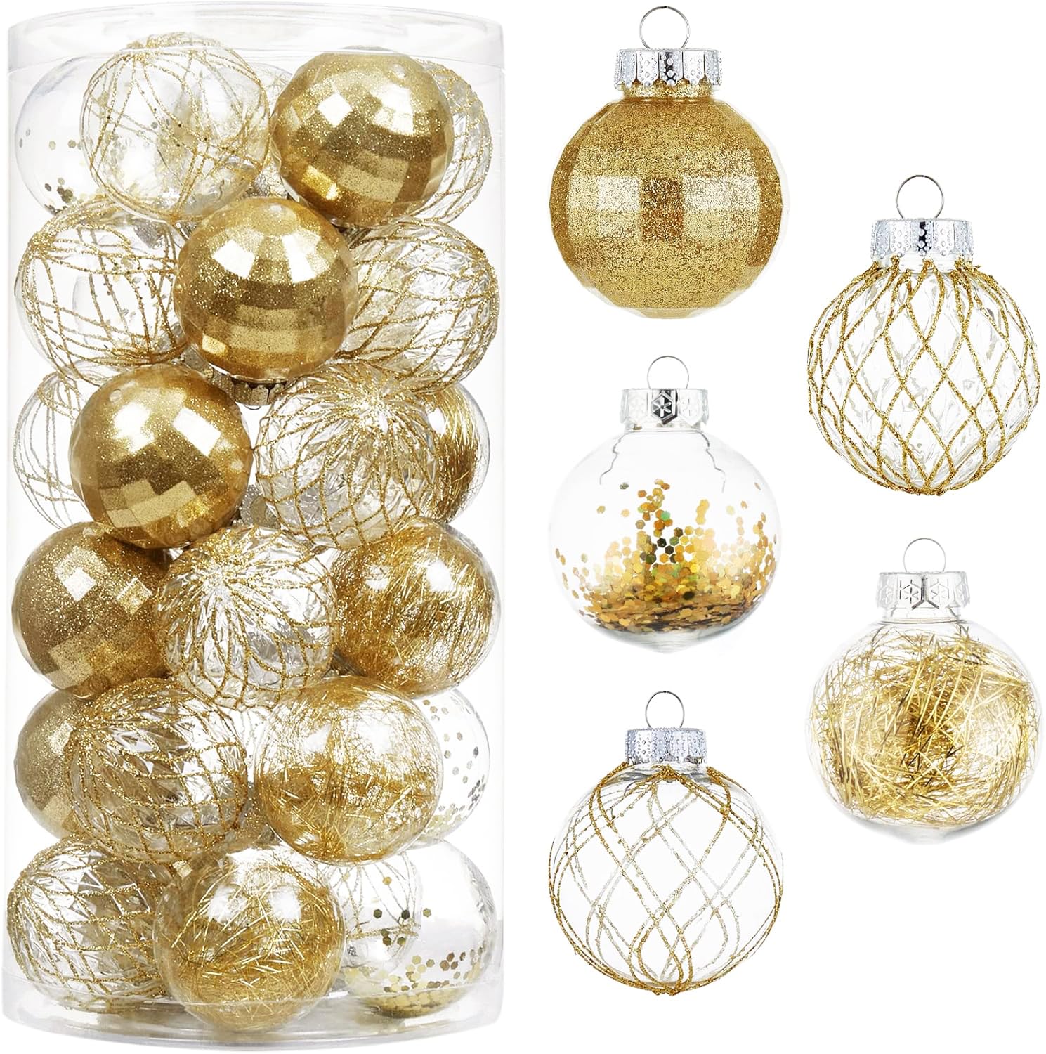 30ct Christmas Ball Ornaments-60mm/2.36" Shatterproof Clear Plastic Xmas Balls Baubles Set with Stuffed Delicate Sparkling, Hanging Christmas Tree Decorations(Gold)