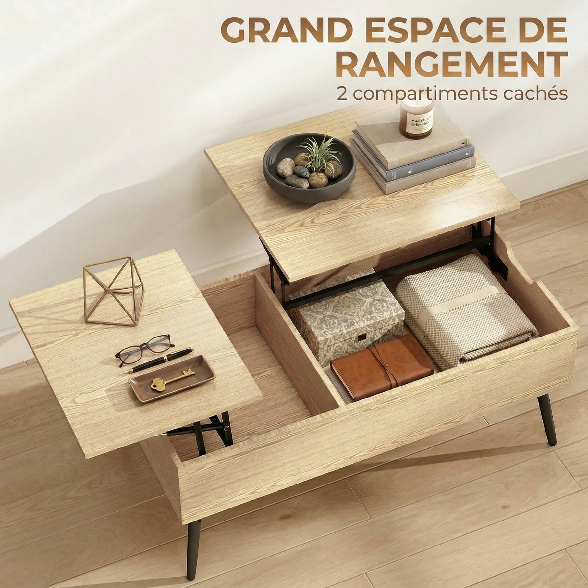 HOMCOM Table Basse Relevable avec Double Plateau 100x50x58 cm Bois Naturel