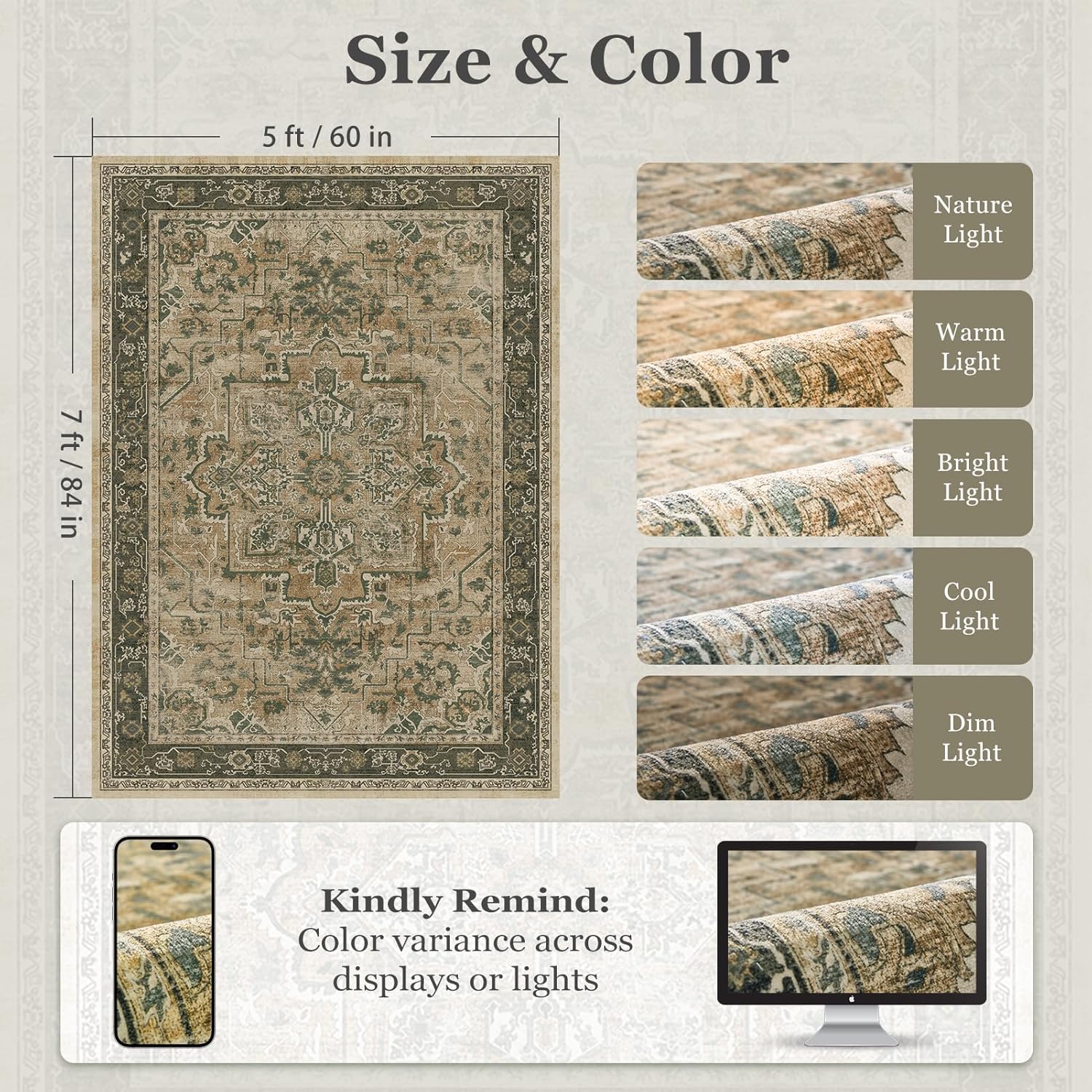 Vintage Distressed 5x7 Area Rugs for Living Room Bedroom Non Slip Washable, Medallion Pattern Printed Low Pile Thin Carpet Rugs for Dining Room/Kitchen/Home Office, Multi Brown Olive Accents - Image 2