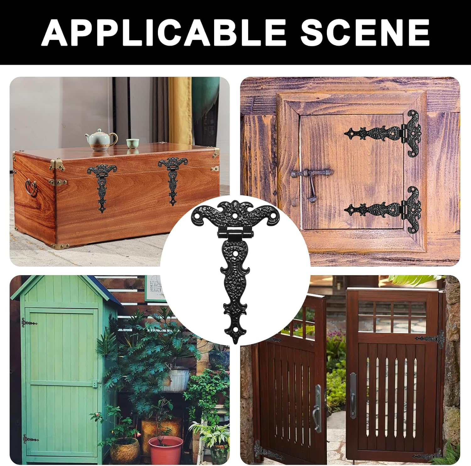 Aifeier ET 6Pcs Vintage T-Shape Hinge, 4-1/2" x 2-3/4" Antique Black Decorative Hinges, Carved Alloy Hinge with Screws for Small Wooden Box, Jewelry Box, Cupboard, Gate Cabinet, Wardrobe