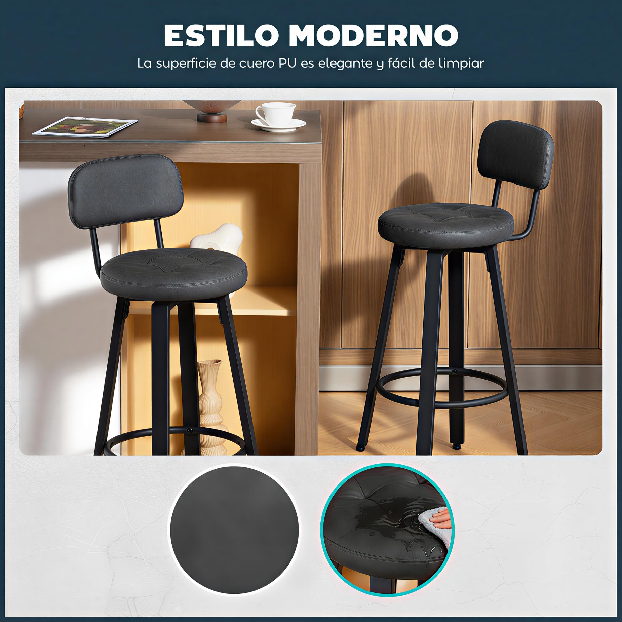 HOMCOM Juego de 2 Taburetes de Bar con Respaldo Tapizados PU Gris Oscuro | Taburetes Altos de Cocina Giratorios, Marco de Metal, Reposapiés, Asiento de 76,5 cm de Altura