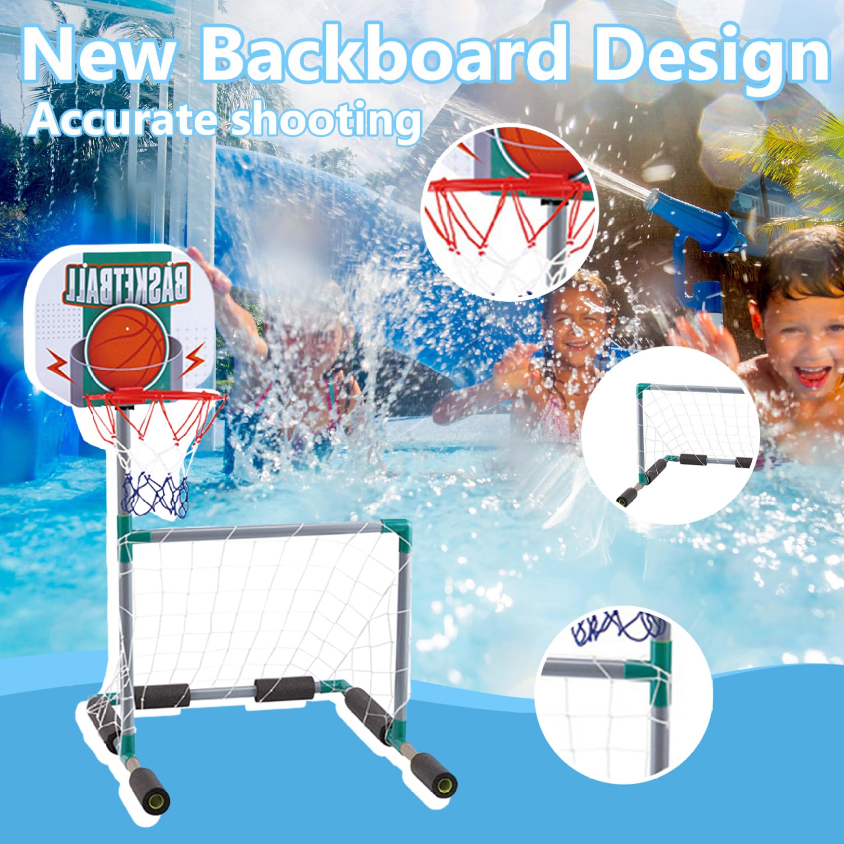 Giocattolo da Piscina Galleggiante 2 in 1, Canestro da Basket Gonfiabile e Set da Porta da Calcio con 2 Palline per Festa Estiva in Piscina per Bambini