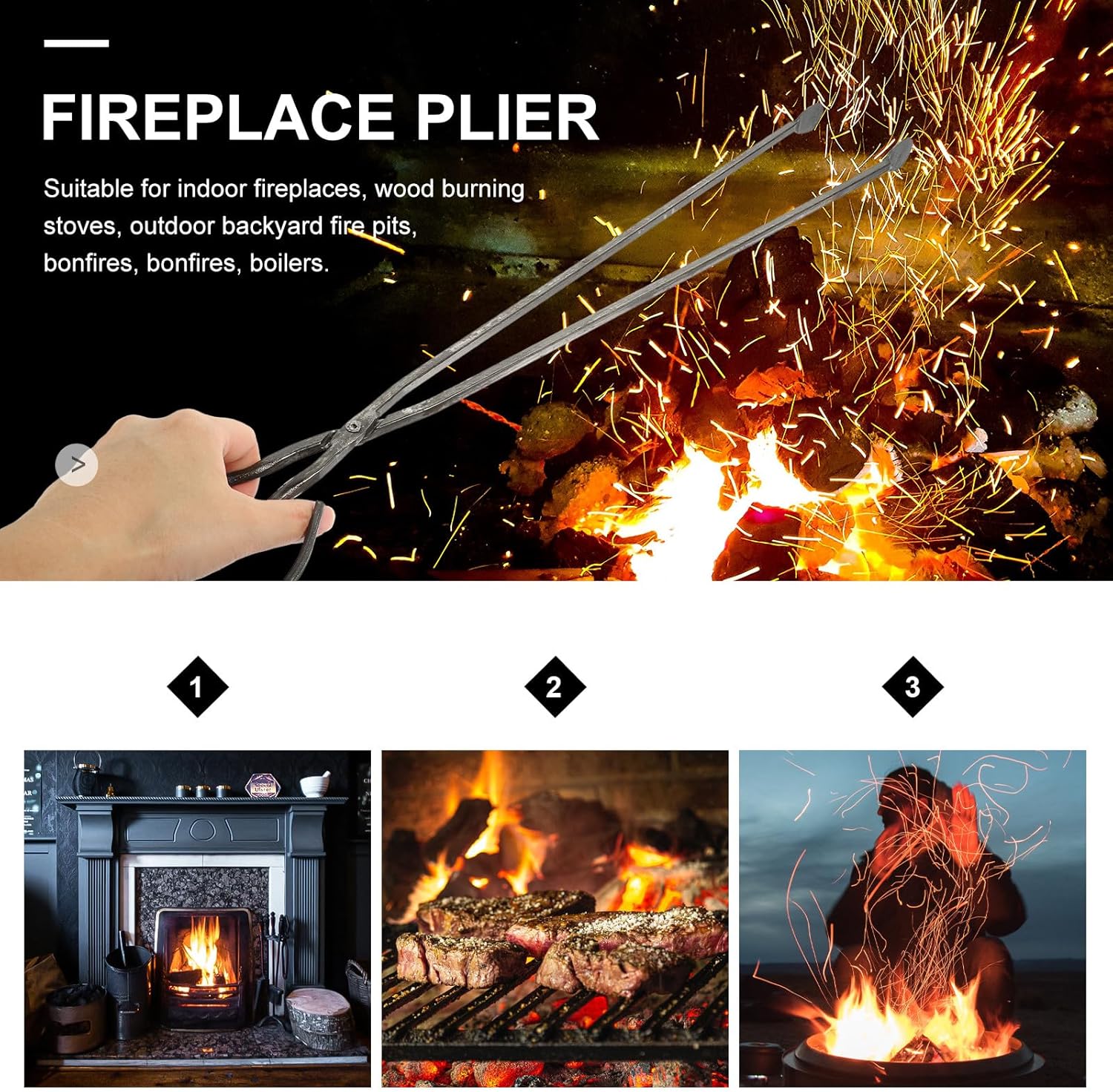 2Pcs Heavy Duty Firewood Tongs Charcoal Clip Garbage Pickup Clamp for Outdoor Barbecue Camping Fireplace Use Metal Trash Gripper