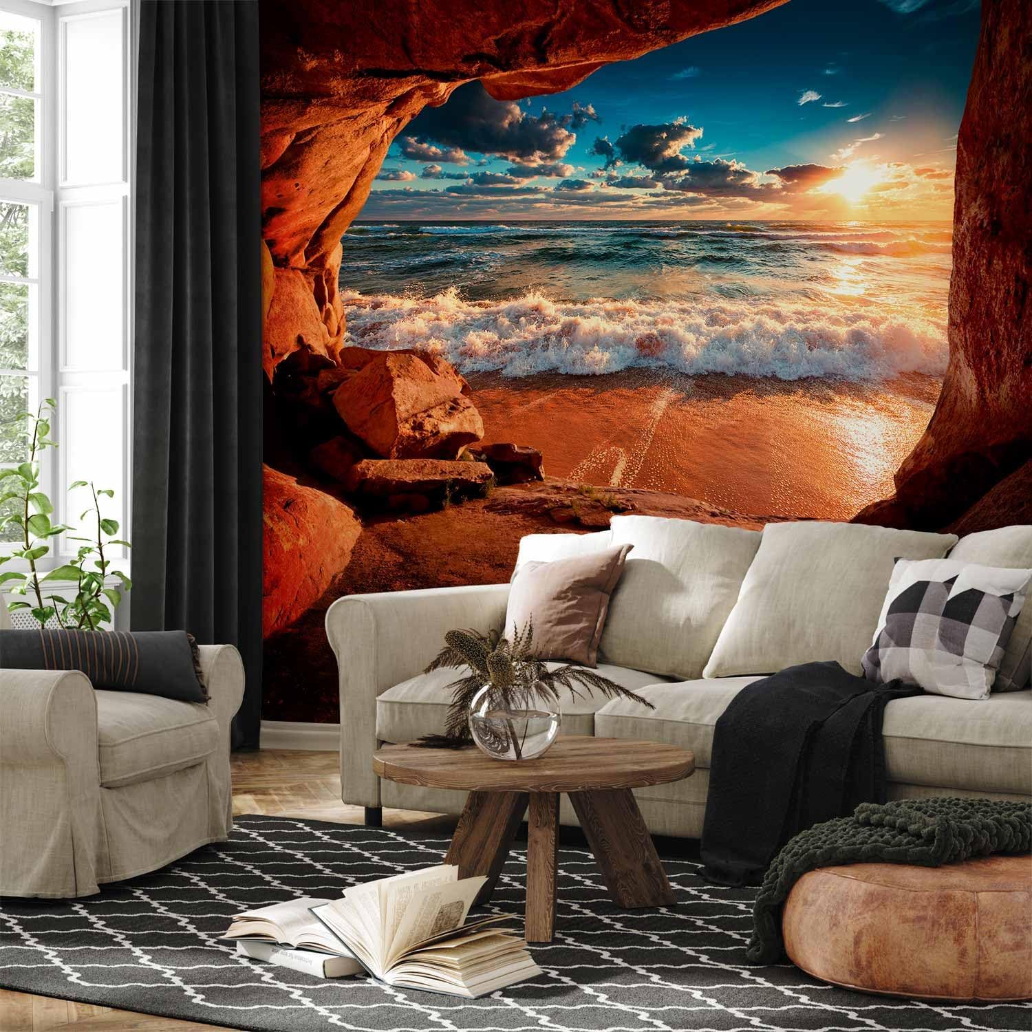 artgeist Wall Mural Beach Sea 135x101 in - Peel and Stick Self-Adhesive Wallpaper Removable Large Sticker Foil Wall Decor Print Picture Image Design Cave Rocks View c-C-0142-a-a