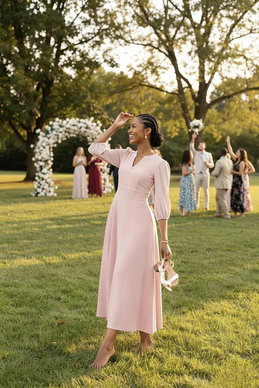 FANDEE Maxi Dress for Women Casual 3/4 Sleeve V Neck Semi Formal Fit and Flare Dress Classy High Waist Wedding Guest Dresses - Image 2