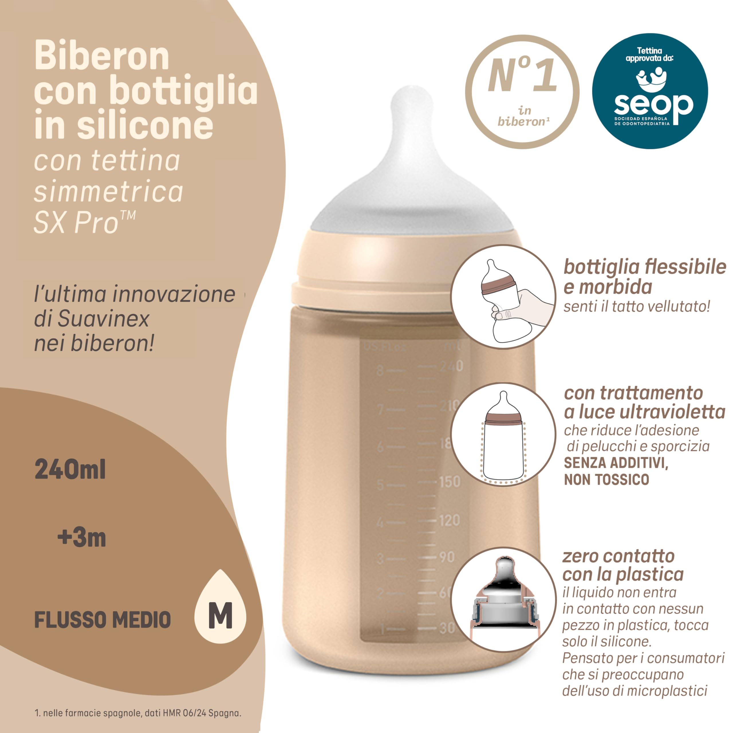 Suavinex, Biberon in Silicone da 240 ml, con Tettarella Fisiologica in Silicone SX Pro, con Valvola Anticolica, Biberon a Flusso Medio (M). Per bambini +3 mesi. Colour Essence Blu oceano