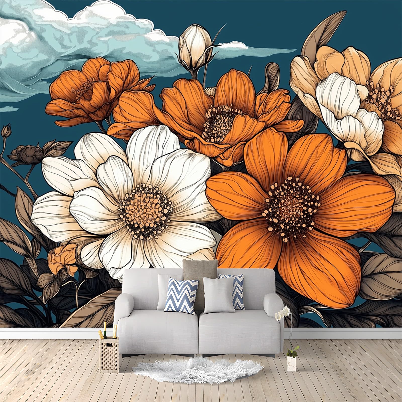 Panoramiczne Tapety Kwiaty Ręcznie Malowane Retro Tapety, Włókniny Plakat Mural 3D 300 x 210 cm, Salon Tapeta Sypialnia Pomarańczowy I Biały