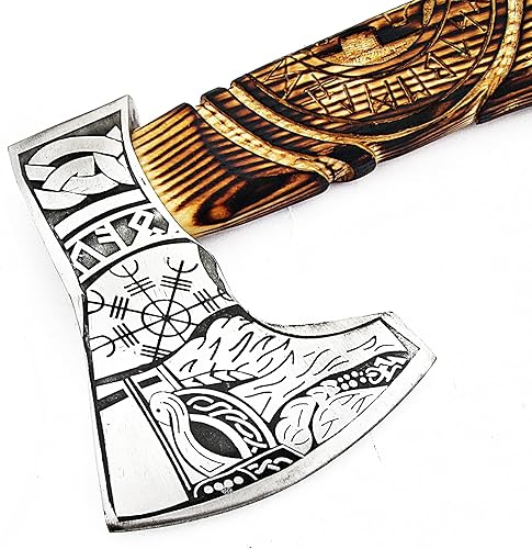 Miniatura 3 de Hacha vikingo de acero al carbono forjada con eje de madera de fresno - Hacha de camping barbuda vikingo 9970