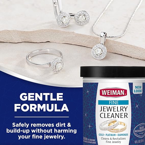 Weiman Fine Jewelry Cleaner Liquid with Cleaning Brush Restores Shine & Brilliance to Gold, Platinum, Precious Gemstones & Diamond Jewelry, 6 Oz