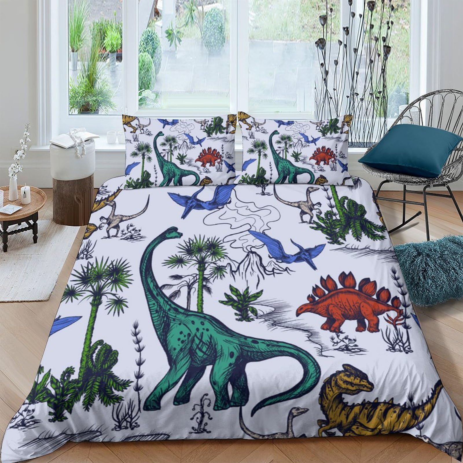 TUFRTGYHN 3D Printed Dinosaur Forest Duvet Cover Set Microfiber Soft Breathable Jurassic Bedding with 2 Pillowcases for Bedroom Decor Single（135x200cm）