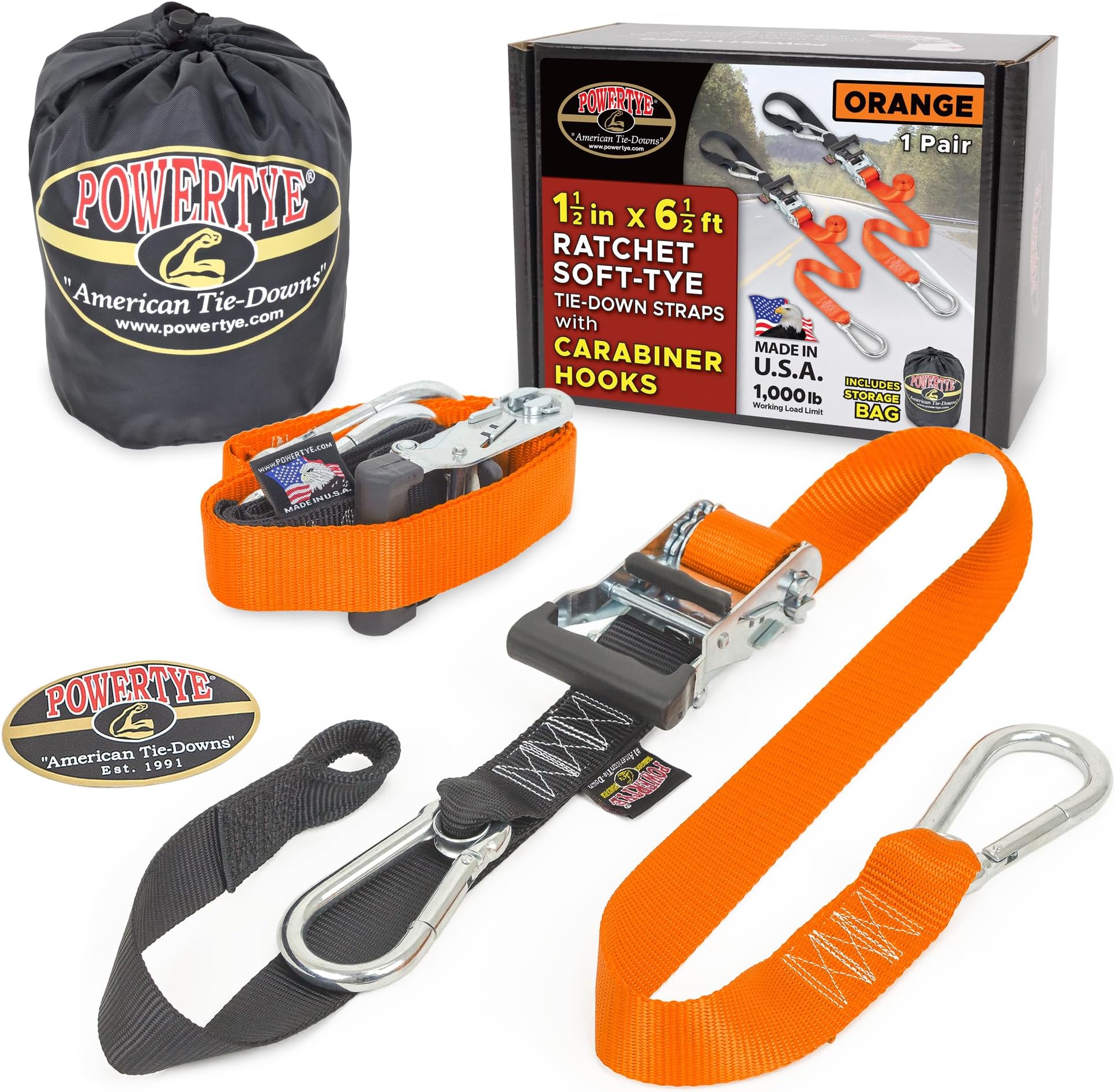1.5in x 6.5ft Heavy Duty Ratchet Tie-Down Straps with Soft-Tye, Carabiner Hooks - 1,000 lb Working Load Limit / 3,000 lb Breaking Strength - Made in USA - Orange/Black Pair + Storage Bag