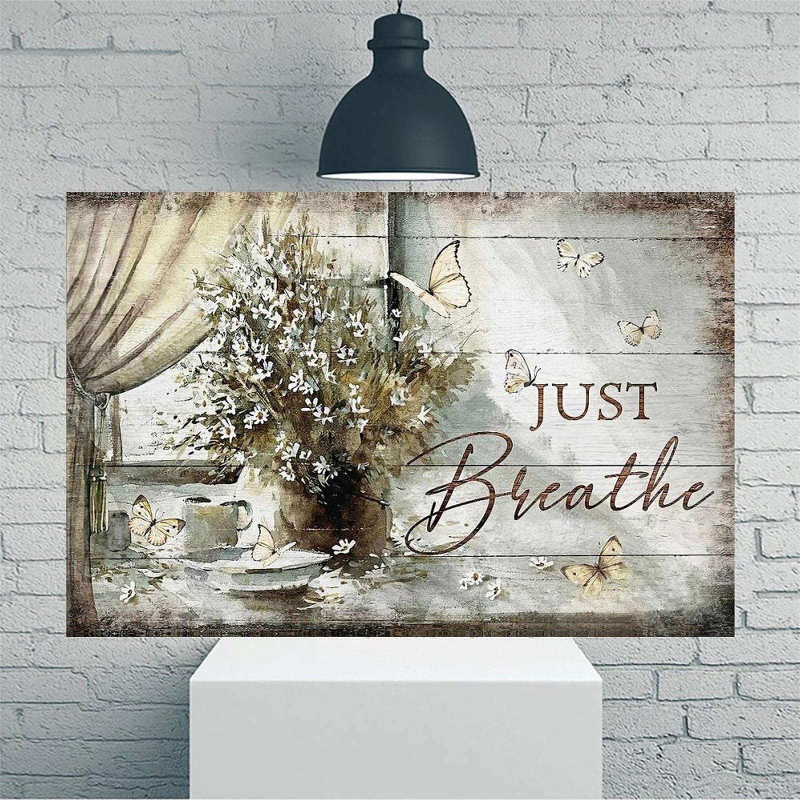 Just Breathe Quotes With Butterflies Flowers Vintage Rustic Canvas Wall Art - 12x18in Unframed Poster- Home & Office Decor for Living Room, Bedroom, Kitchen & C