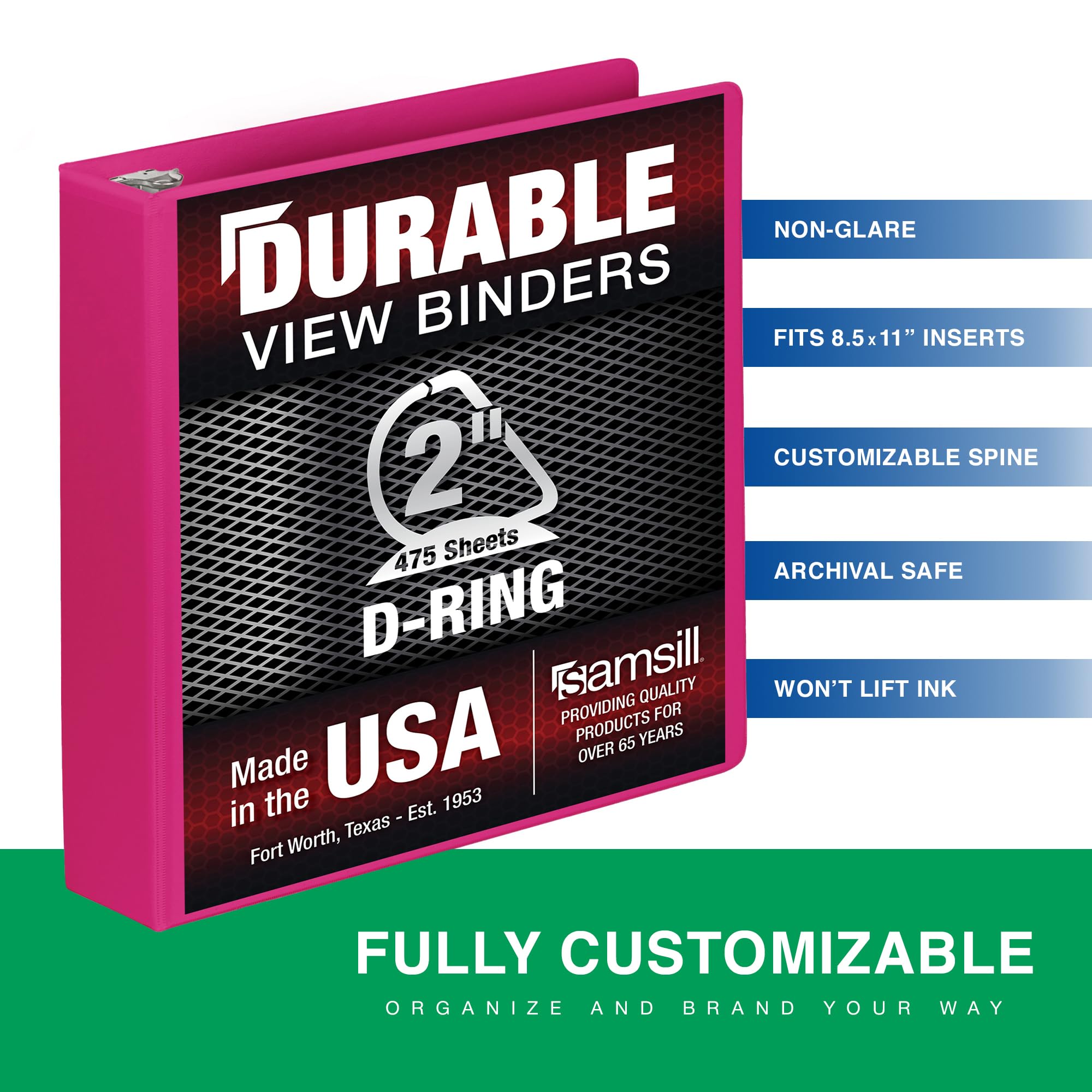 Samsill Classeur durable de 5,1 cm, fabriqué aux États-Unis, reliure à anneaux en D, couverture transparente personnalisable, magenta, peut contenir 475 pages