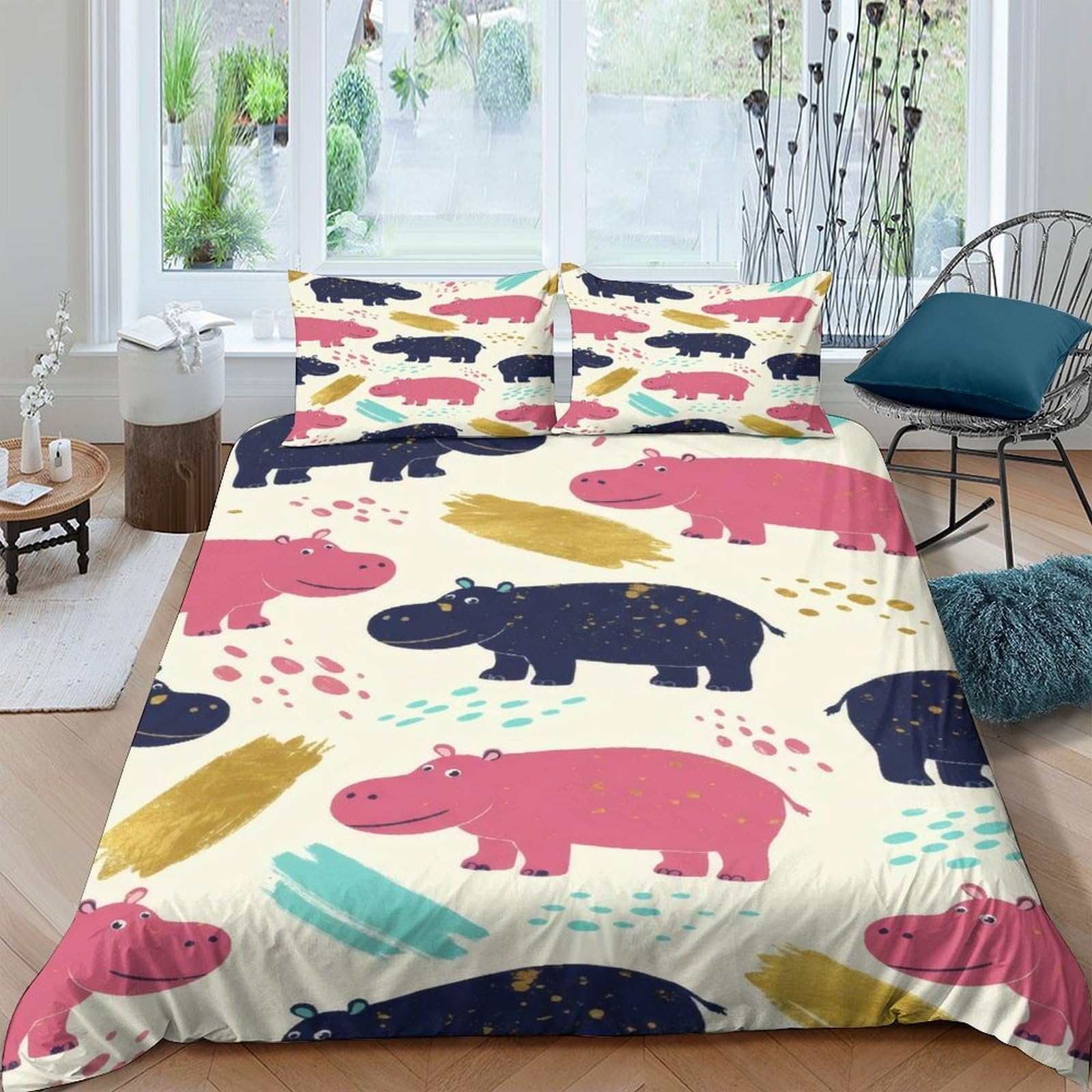 Ctjqhvkz Style-7 3D Printed Colorful Hippo Fitted Sheet Microfiber Soft Anti-Slip Cartoon Animal Mattress Cover For Bedroom Dorm Home Decor Single（135X200cm）