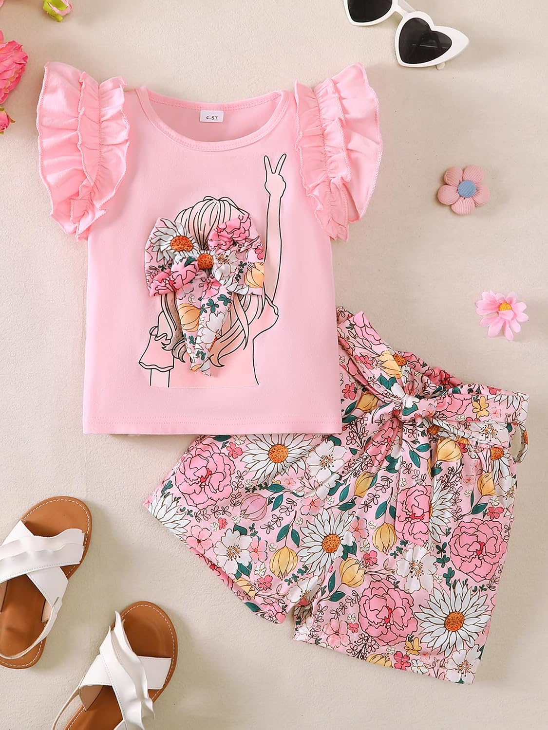 AMAWMW Girls Summer Clothes 2 Piece Outfit Ruffle Sleeve Shirt Top Paperbag Waist Shorts with Pockets Kids Clothing Set 4-12Y