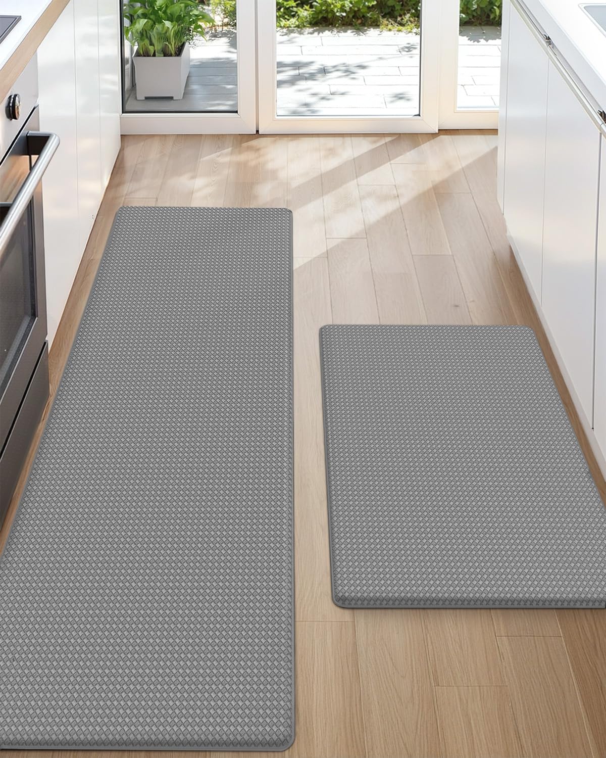 Color G 2 Piece Kitchen Mats Set, Anti Fatigue Standing Area Rugs Waterproof Leather, Non-slip, Oil Resistant Floor Mats for Office (44 x 75 cm + 44 x 150 cm, Grey)