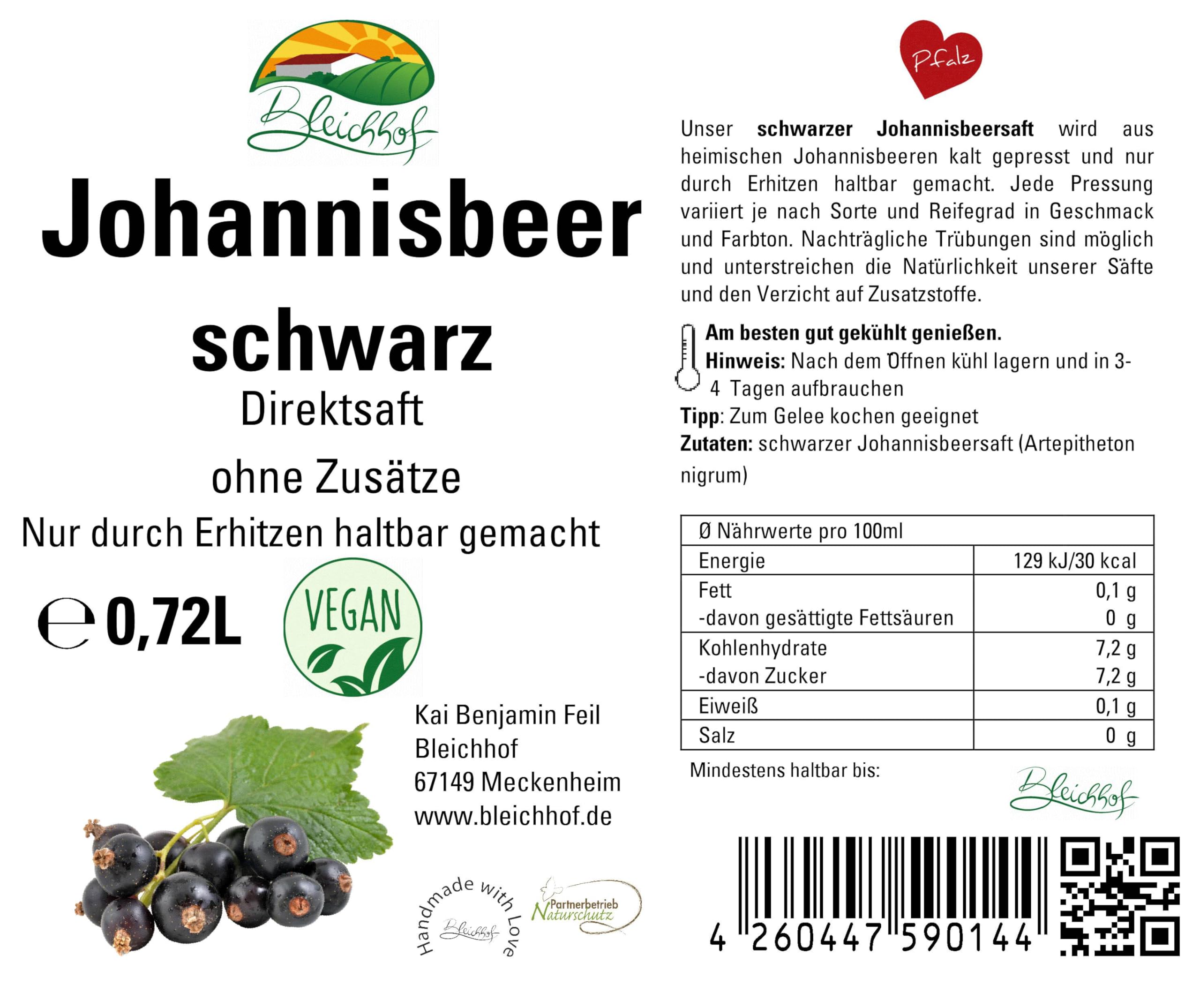 Bleichhof Schwarzer Johannisbeersaft - 100% Direktsaft, vegan, OHNE Zuckerzusatz, 6er Pack (6x 0,72l)