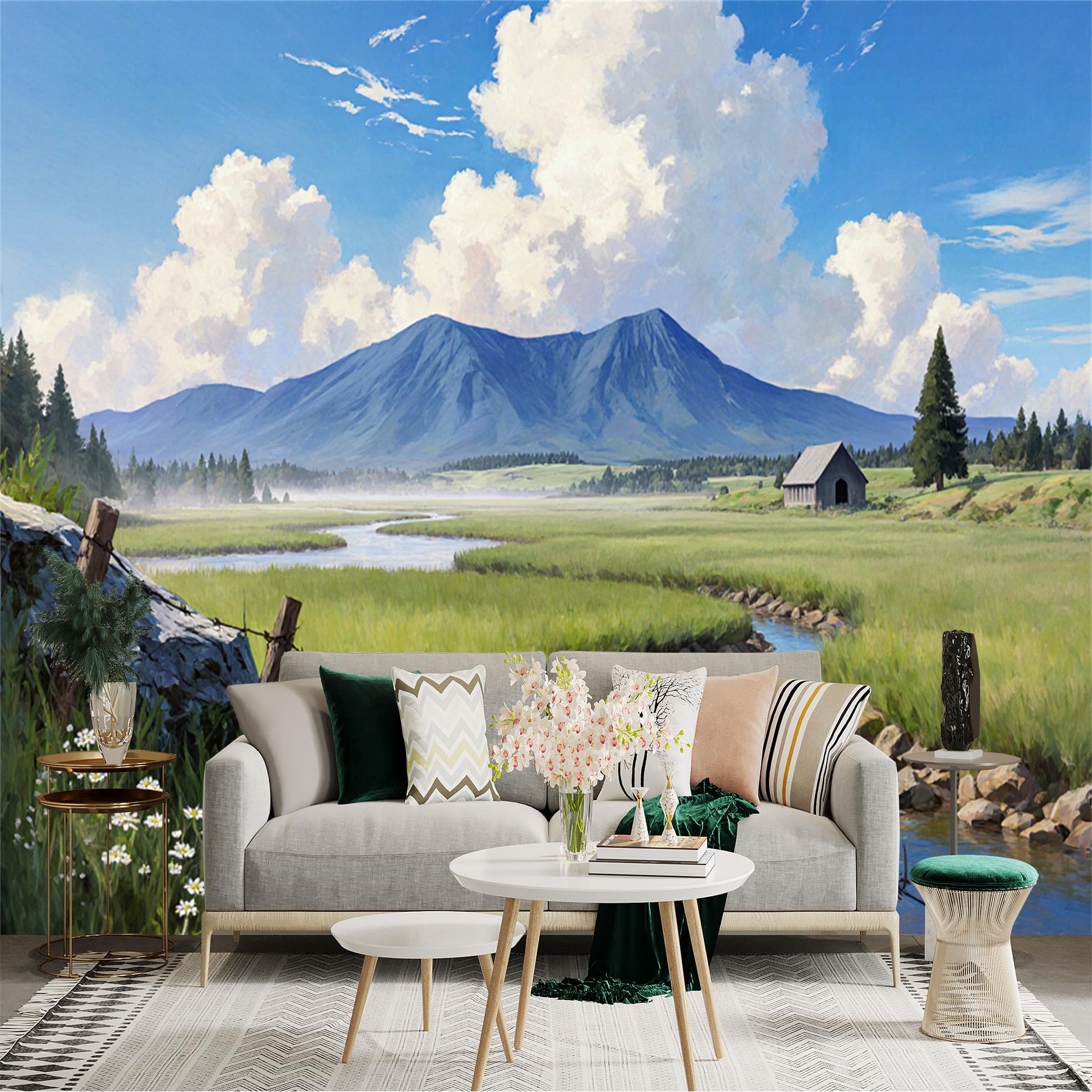 Lnzczhyre Xc260505495 Custom Size Wall Sticker Mural， Scenic Mountain Landscape， Serene River Valley， Rustic Cabin And Meadow， For Wall Decoration， Peelandstick Wall Decals.