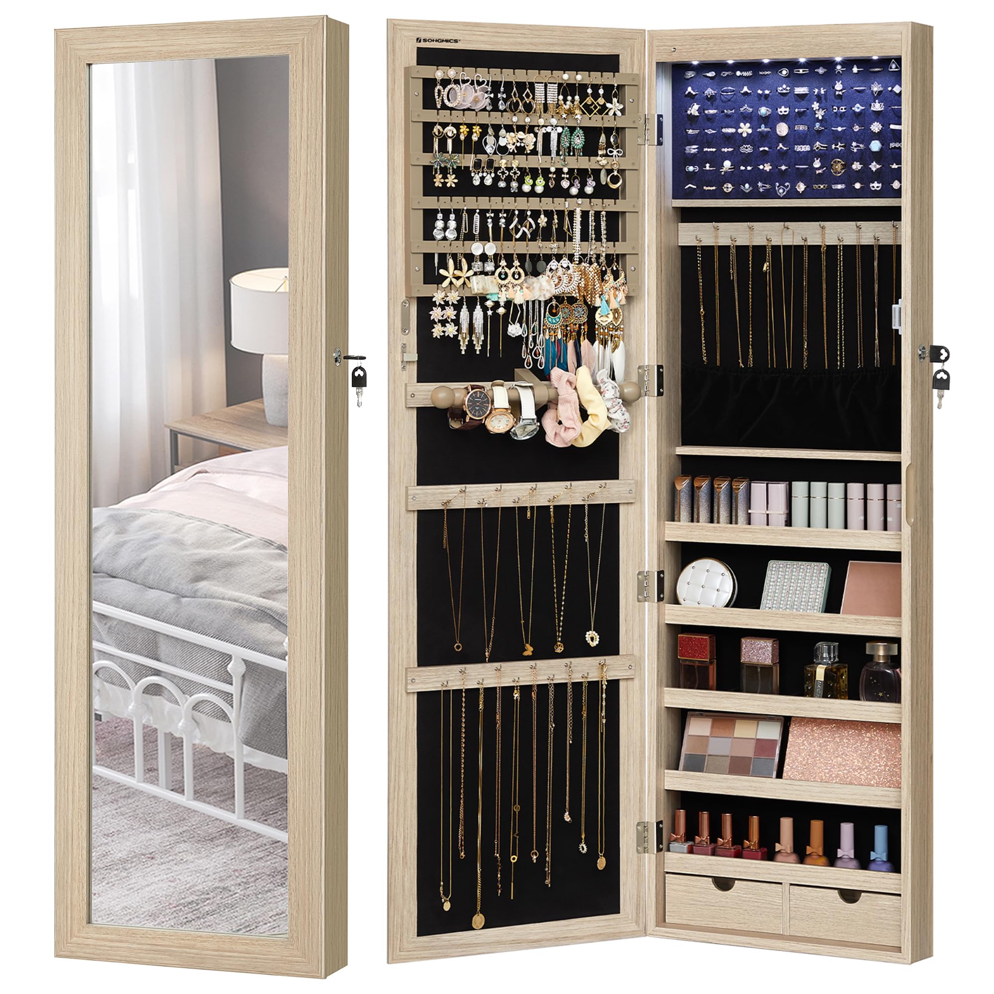SONGMICS Espejo Joyero LED, 120 cm de Alto con Cerradura, Armario Joyero de Pared o Montado en la Puerta, Organizador de Joyas con Espejo, 2 Cajones, 10 x 37 x 120 cm, Roble JJC093M01