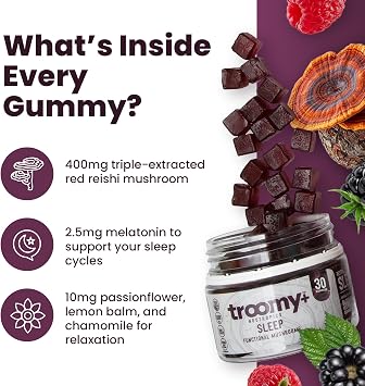 Troomy Sleep Gummies for Adults and Kids, Great Tasting Black Raspberry, Red Reishi Mushroom, Easy Restful Natural Sleep Aid, 30 Count