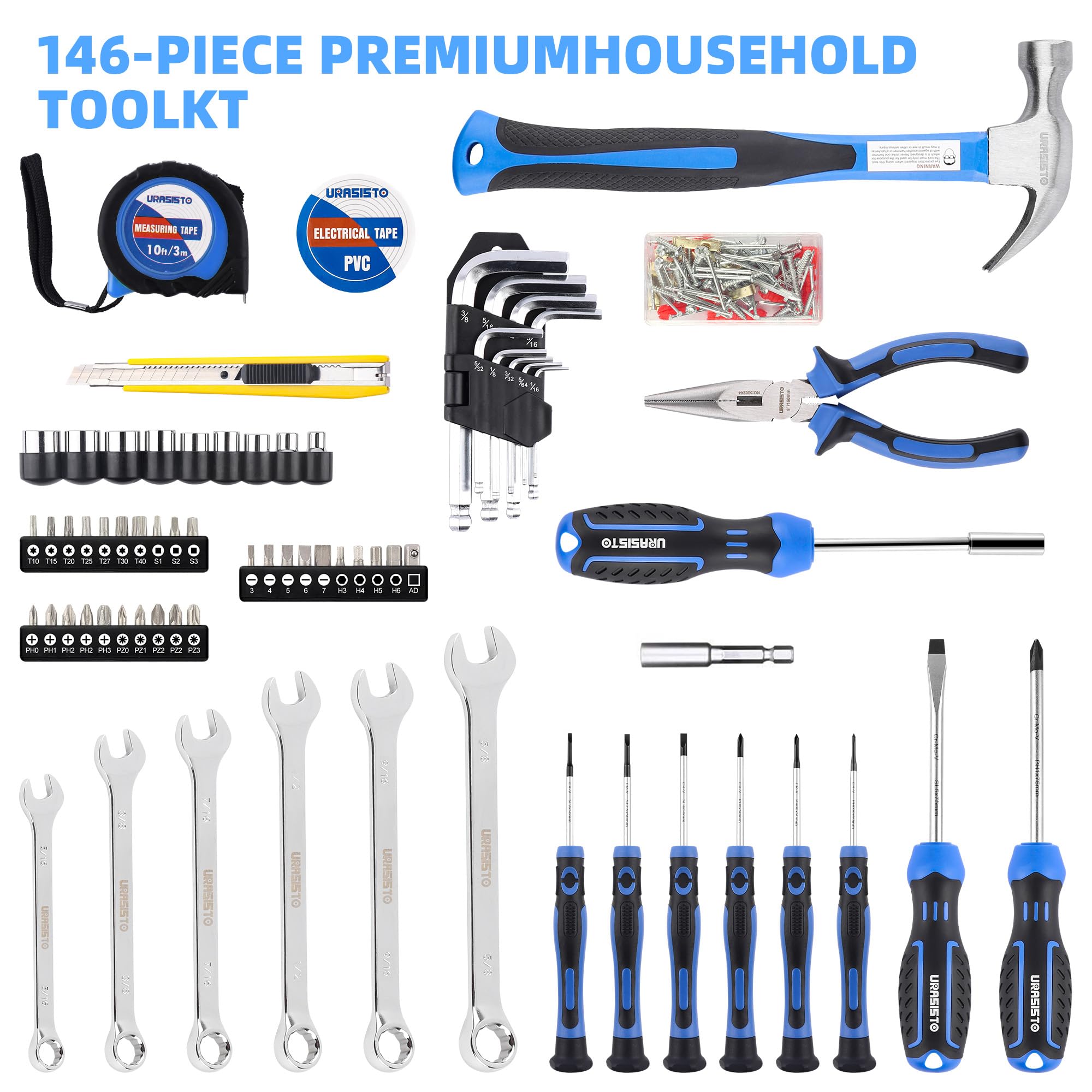 URASISTO 146-Piece Automotive and Household Tool Set, Steel DIY Home Repair Kit, Perfect for Car Enthusiasts with 14-Inch Tool Bag