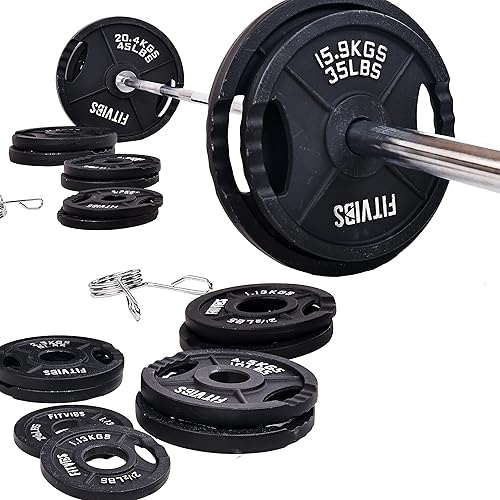 Miniatura 2 de Signature Fitness Placas de peso olímpicas de hierro fundido de 2 pulgadas, incluye barra olímpica de 7 pies, 130 libras, 300 libras o 325 libras,