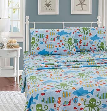 Sheet Set Sea Life Octopus Crabs Fishes Wheals Sharks Light Blue Green Red Orange New # Octopus Twin